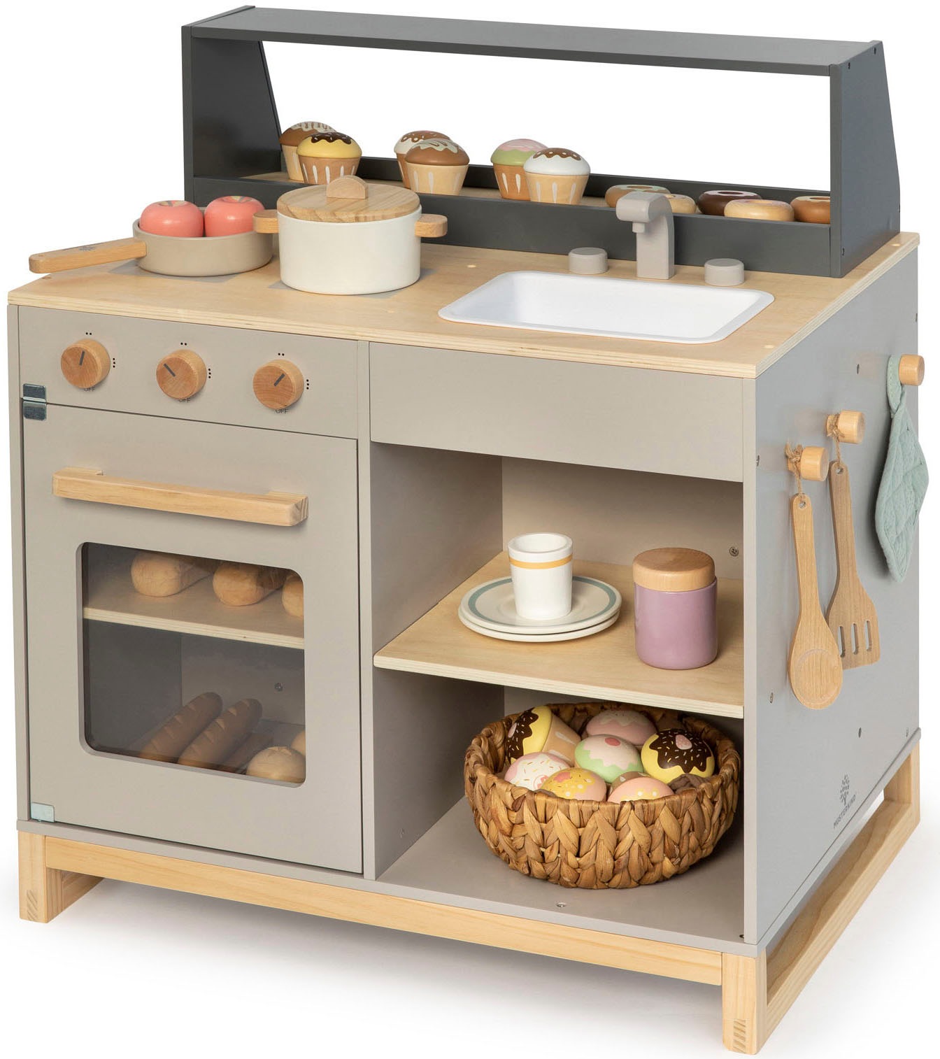 "Spielküche MUSTERKIND ""Prunus, warmgrau/natur"", grau (warmgrau, natur), Spielküchen, KinderB:62cm H:67cm T:46cm, Holz, B:62cm H:67cm T:46cm"