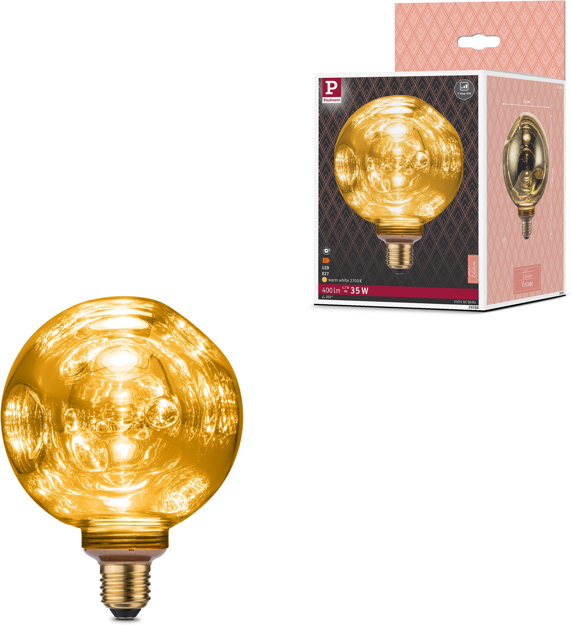 Paulmann LED-Filament »G125 400lm 2700K gold 3step dim 4,7W 230V 3Dellen« E27 1 Stk. Warmweiß Dimmbar