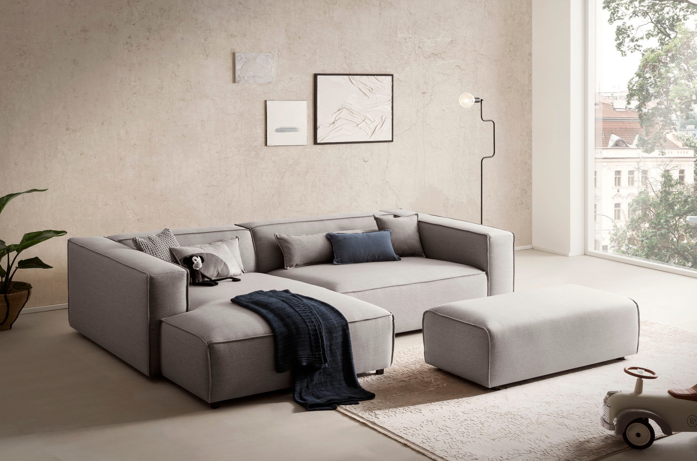 LeGer Home by Lena Gercke Ecksofa »PIARA XXL, L-Form, Schlaffunktion, Cord, Leinenoptik o. Strukturstoff« Hocker stellbar zum Schlafsofa (Krokodilverbinder), tiefe Sitzfläche