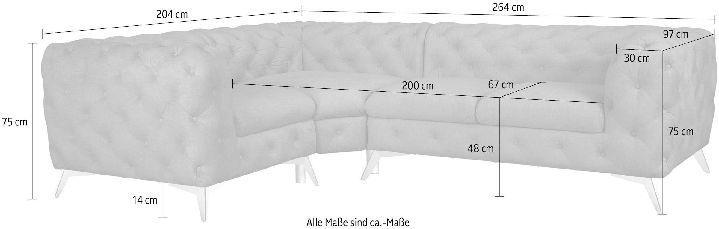 Leonique Chesterfield-Sofa »Ecksofa GLYNIS L-Form mit Wellenunterfederung, Maße B/T/H 264/204/75cm«, aufwändige Knopfheftung, moderne Chesterfield Optik, Fußfarbe wählbar