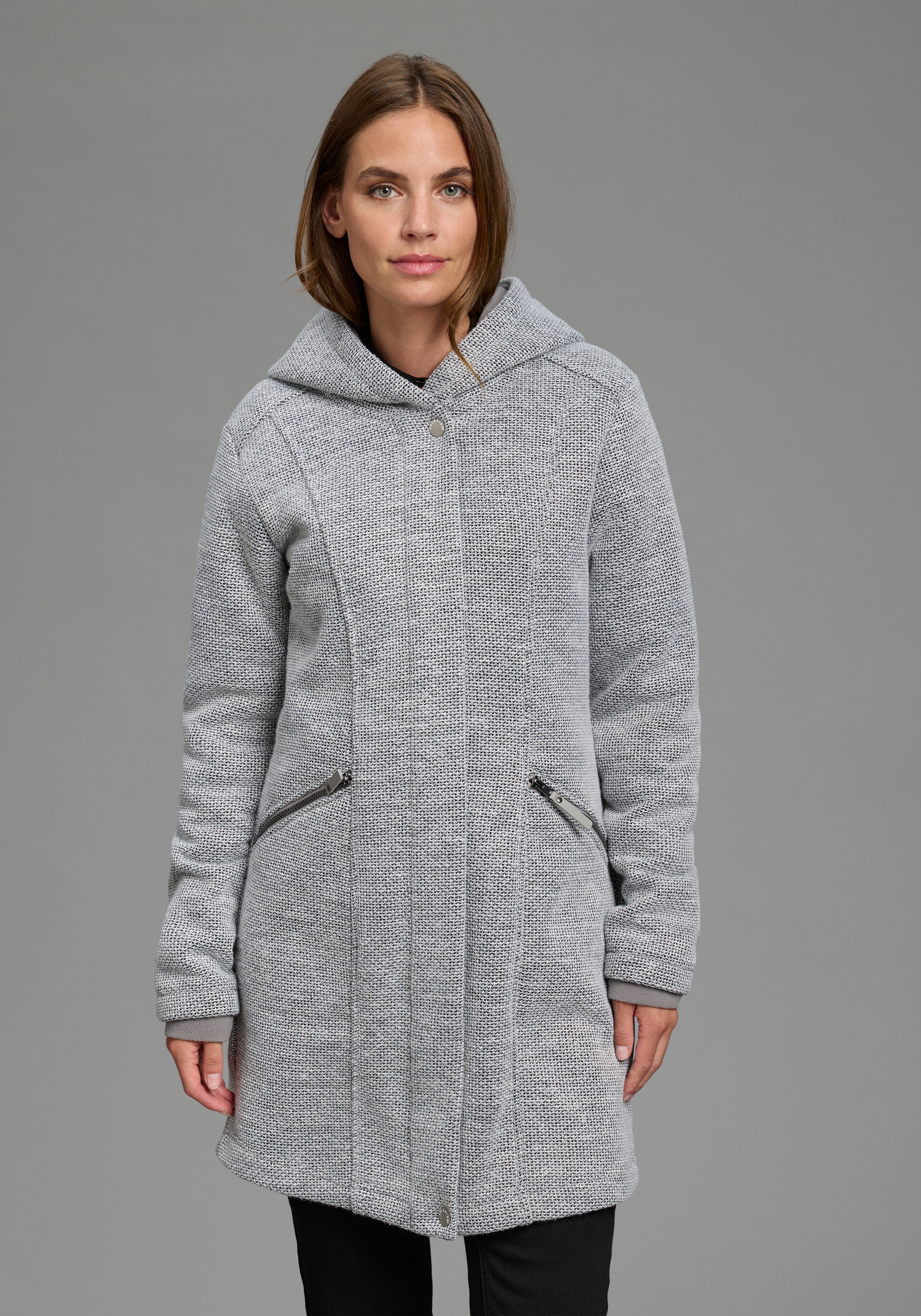 Polarino Strickmantel atmungsaktiv und wärmeisolierend. Strickoptik außen, Fleece innen.
