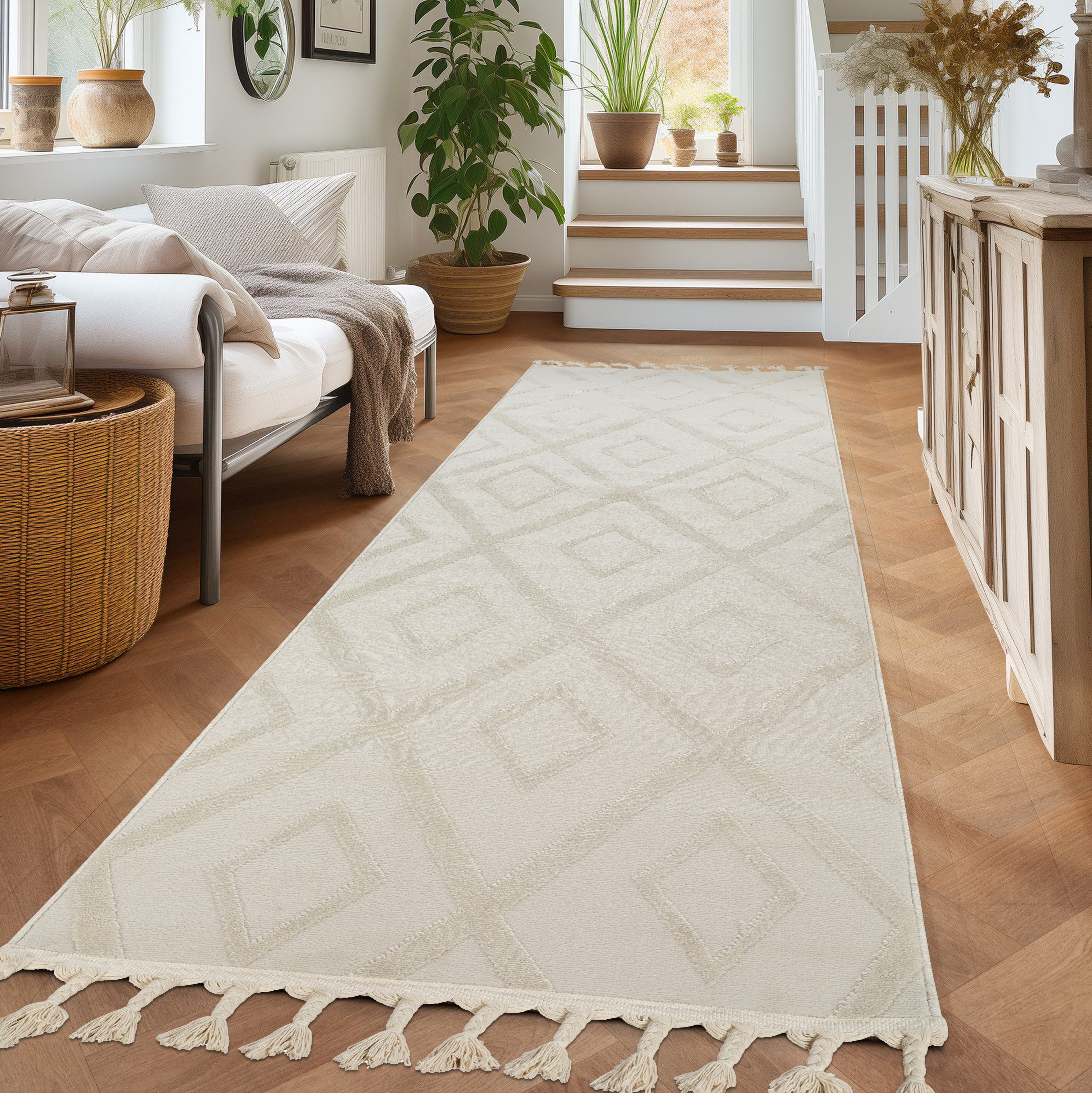 OTTO home Läufer "Otilie" rechteckig 11 mm Höhe dichte Qualität, Woll-Look, Boho, mit Fransen und Rauten, Scandi