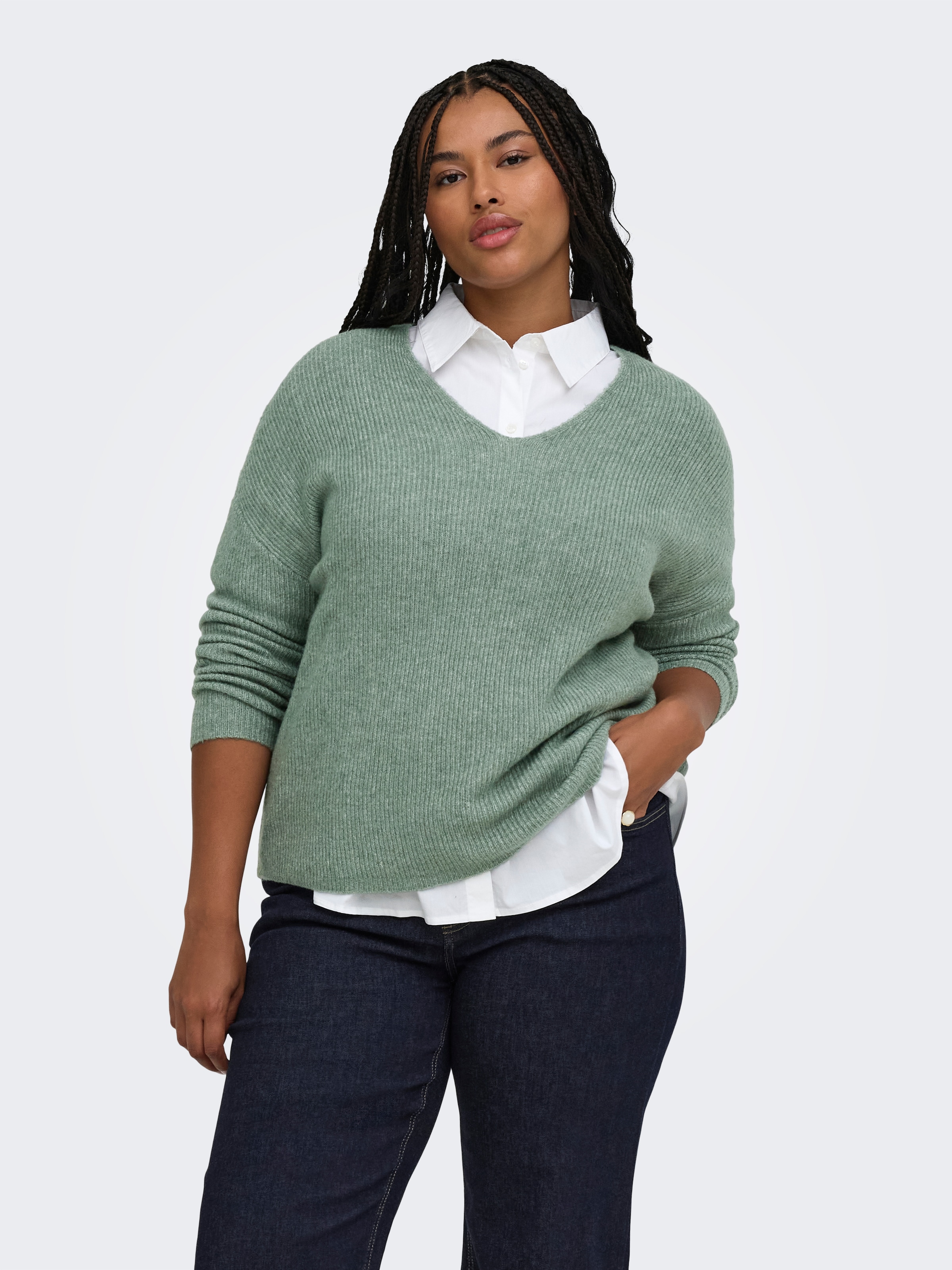 ONLY CARMAKOMA Strickpullover "CARCAMILLA V-NECK L/S PULLOVER KNT NOOS" Materialmix