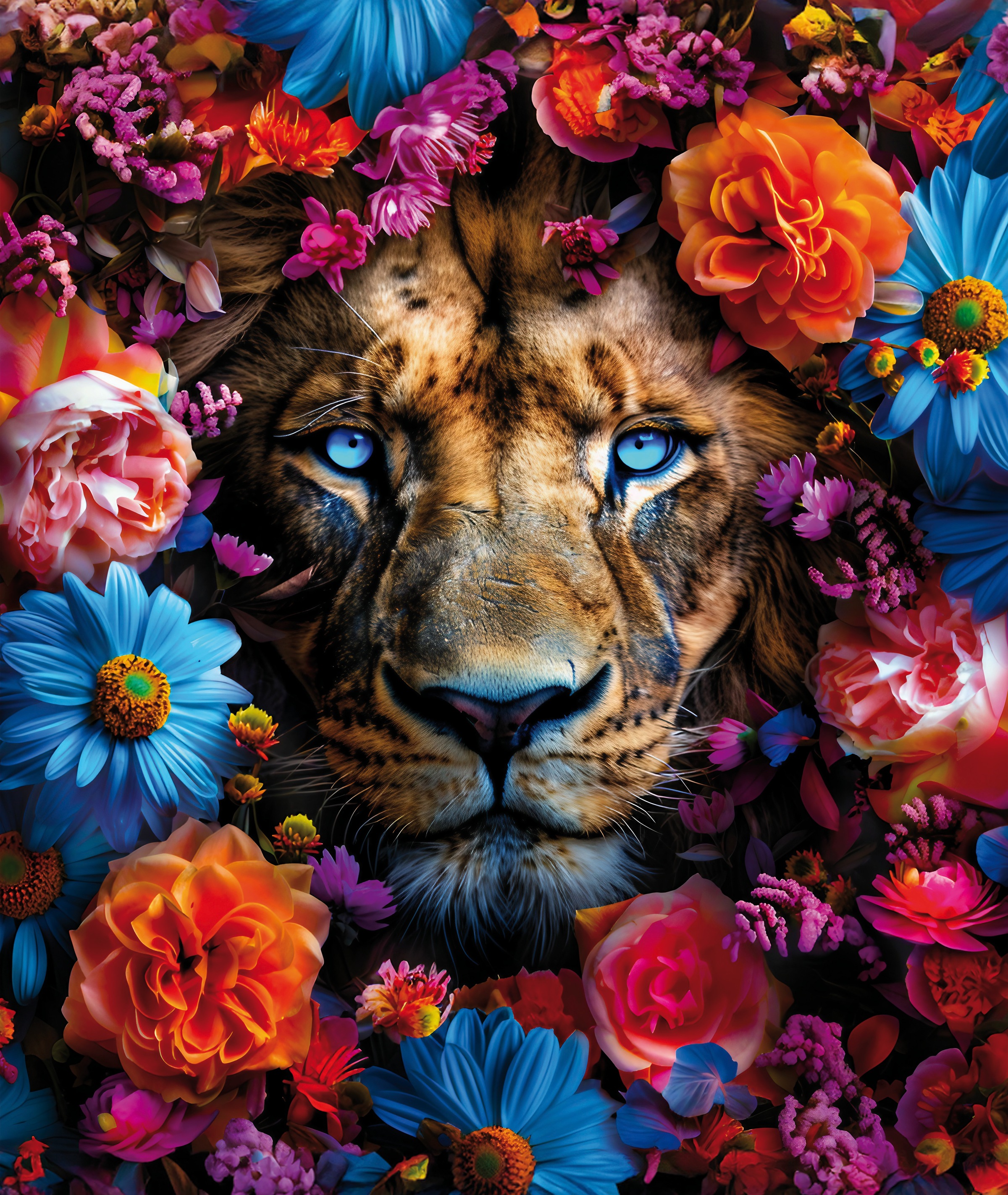 Bönninghoff Leinwandbild "Wandbild LÖWE BLUMENKRANZ XXL 118x140 cm – Leinwandbild Keilrahmen" Blumen Blumenbilder Kunst Löwe Löwen Pflanzen Pflanzenbilder Raubkatzen Tiere 1 Stk. tlg. auf Keilrahmen gespannt