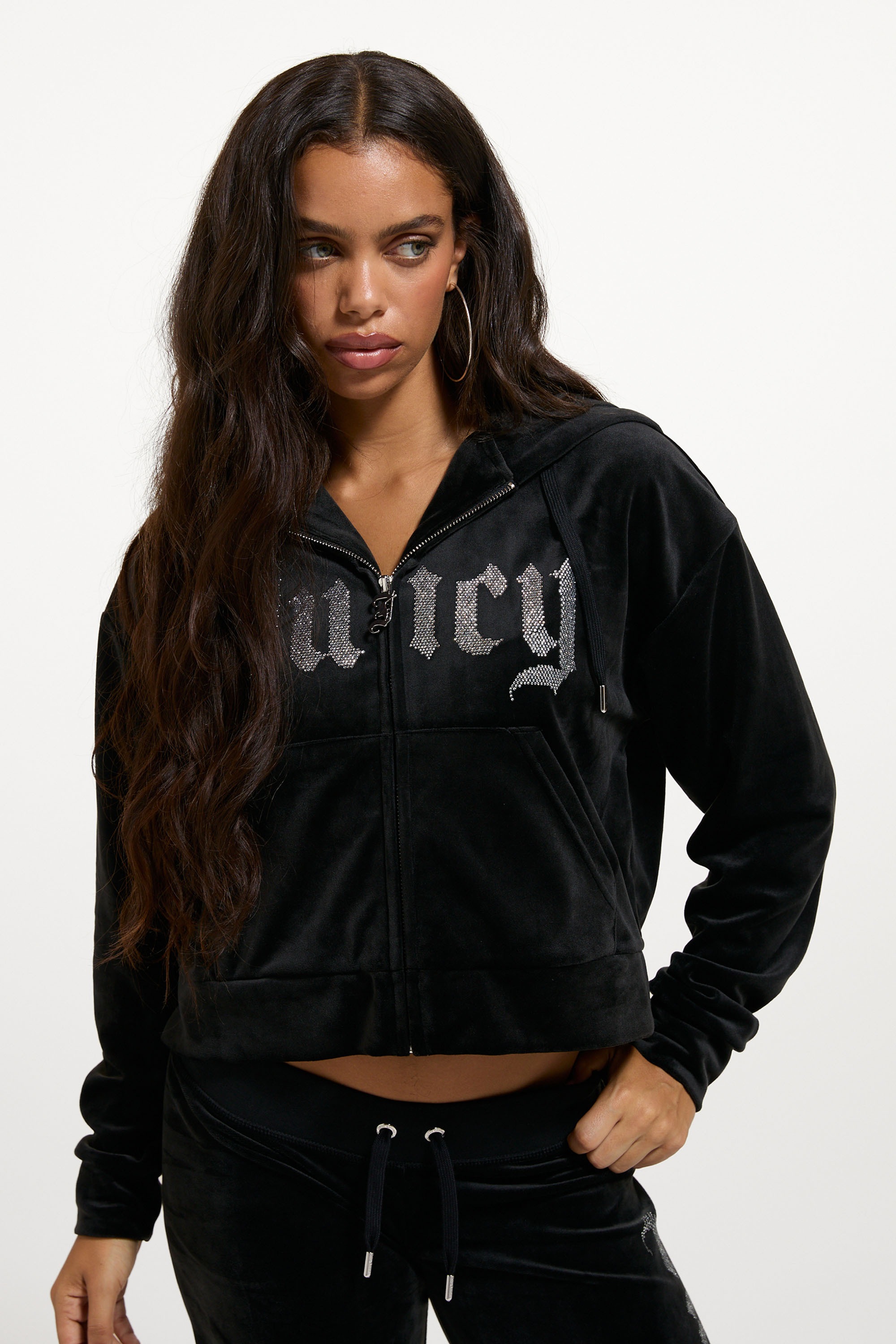 Juicy Couture Kapuzennickijacke »OLD GOTHIC ICCLE HOODIE Damen« mit Kapuze Trainingsjacke Damen, Sweatjacke mit Kapuze, Velour, mit Glitzer, Sale