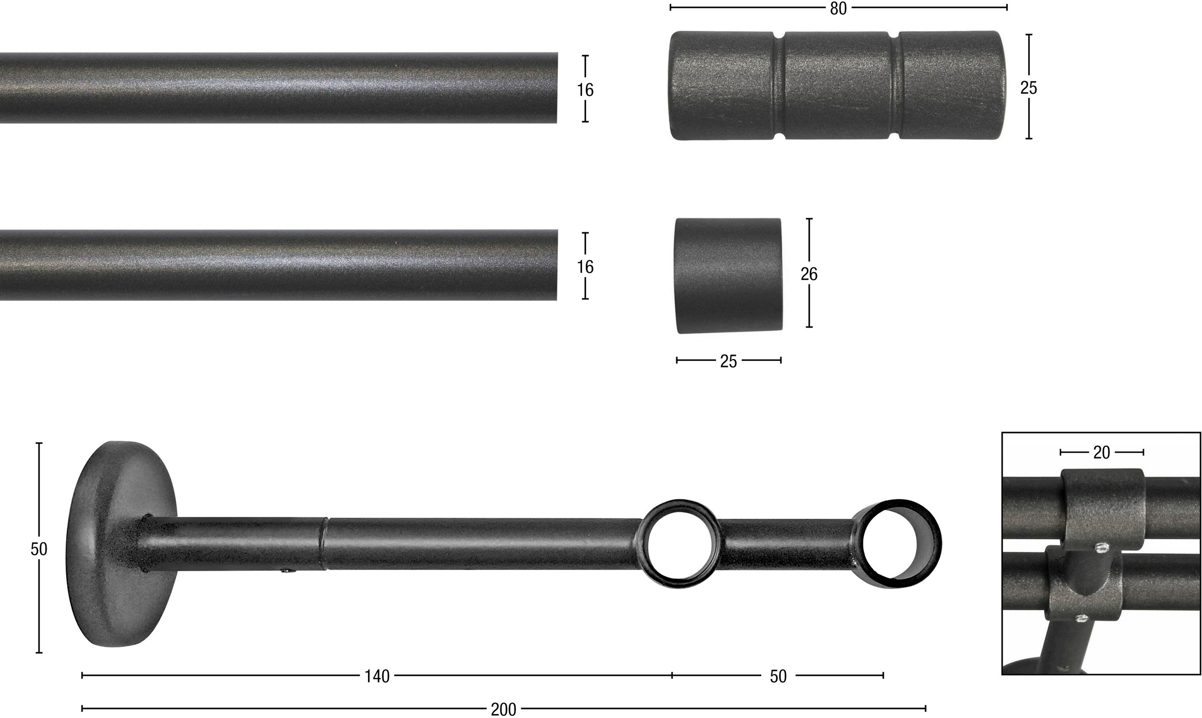 Thumbnail - GARESA Gardinenstange "STAURA" Ø 16 mm 2 läufig-läufig Wunschmaßlänge Vorhanggarnitur, verlängerbar, Knopf mit 2 Rillen,...