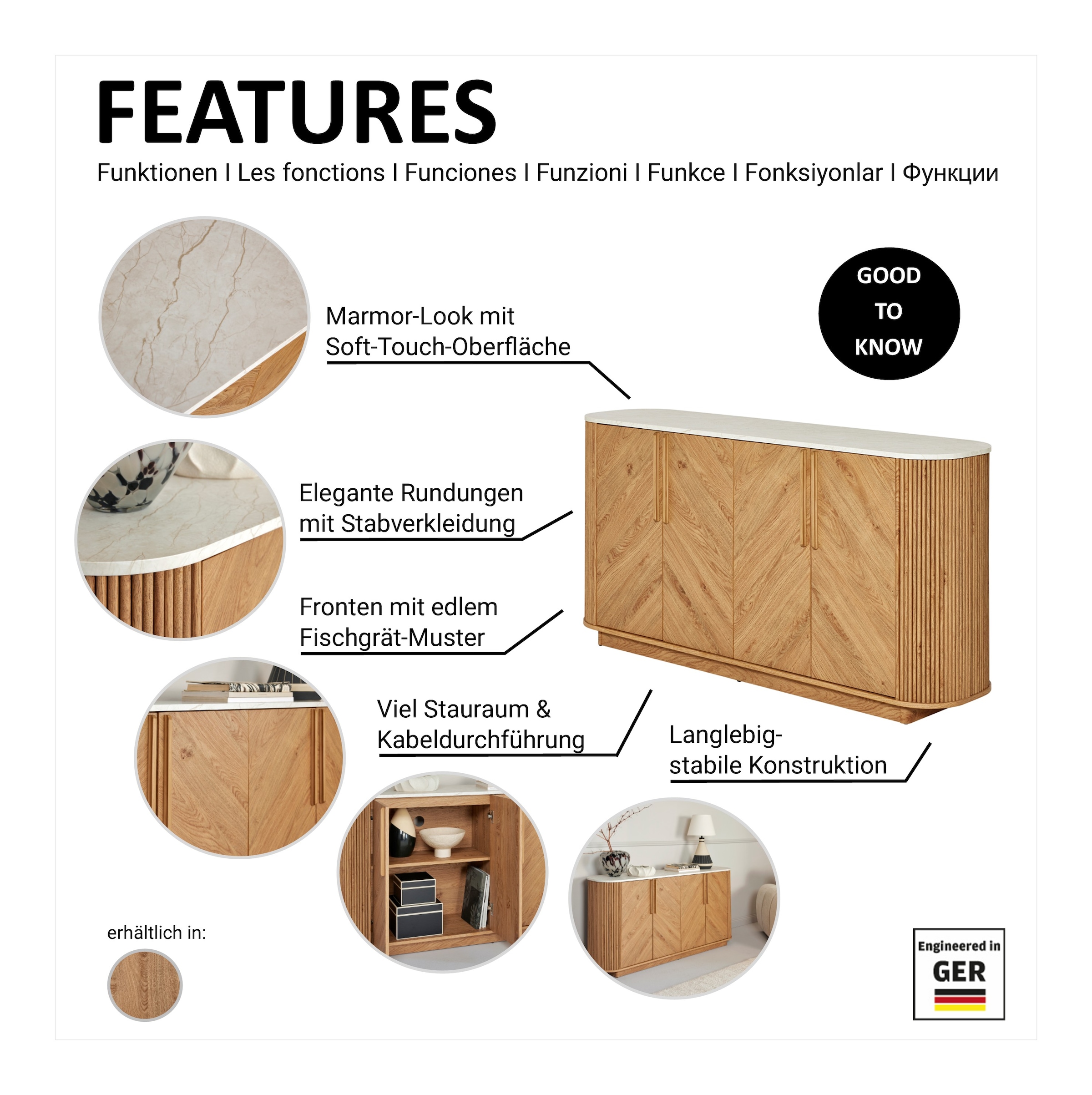 Jahnke Sideboard »ARROW SB 160«, (1 St.), Sideboard, abgerundet, Fischgrät-Muster, Breite 159,5 cm
