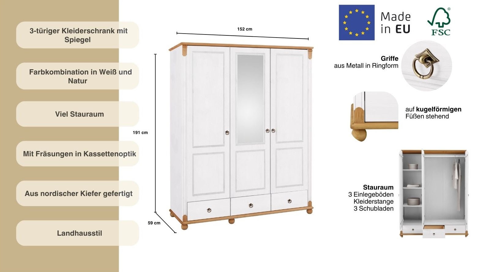 Home affaire Kleiderschrank »Tessin, Dretürenschrank, 3-türig«, (B/H/T ca. 152/191/59 cm), Breite 152 cm, Kiefer massiv, mit Spiegel und 3 Schubladen