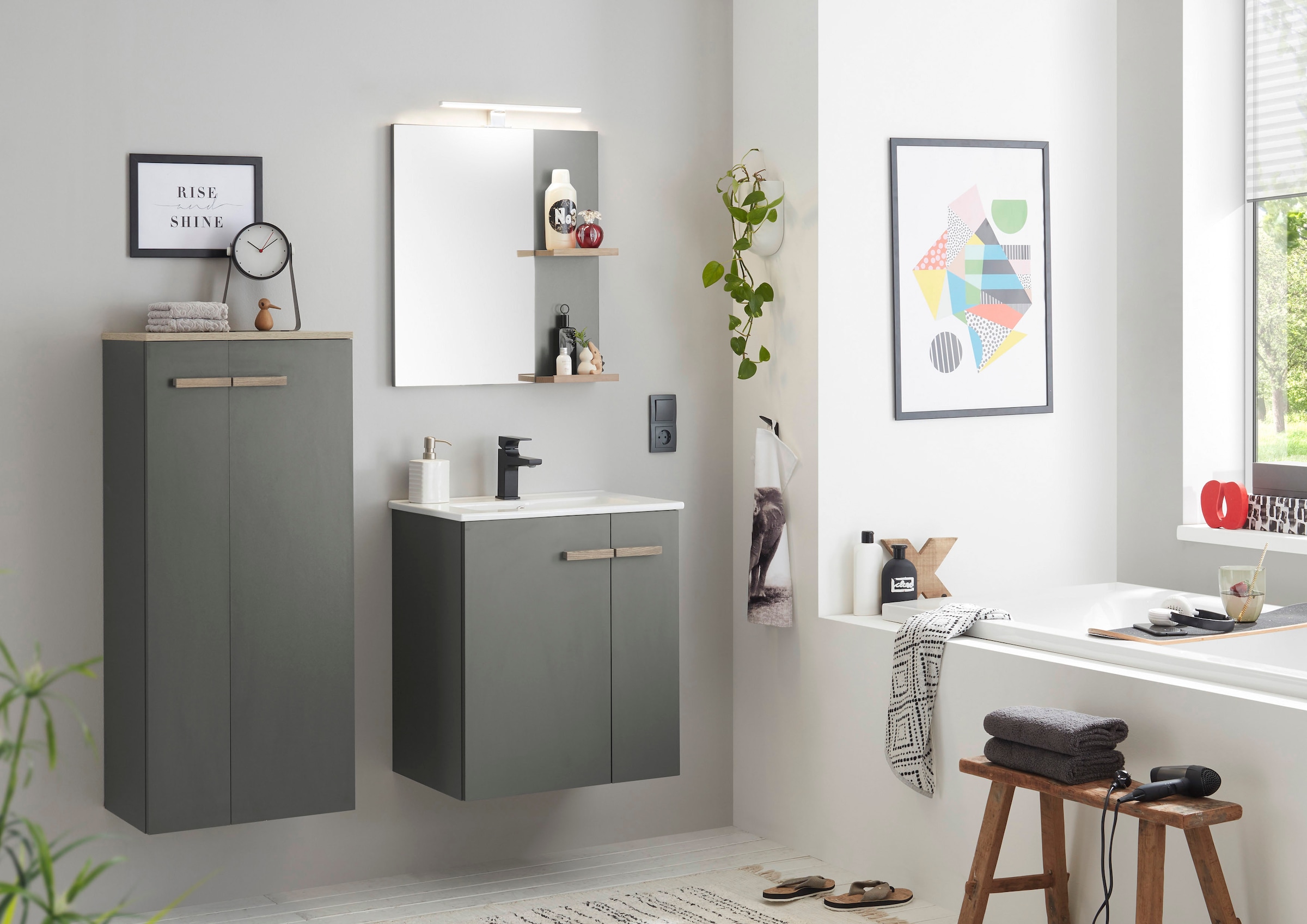 Places of Style Waschtisch »SOLiD, Unterschrank inkl. Waschbecken, Badschrank mit Holzgriffe«, in zwei Farben verfügbar, inkl. Waschbecken, Breite 60 cm