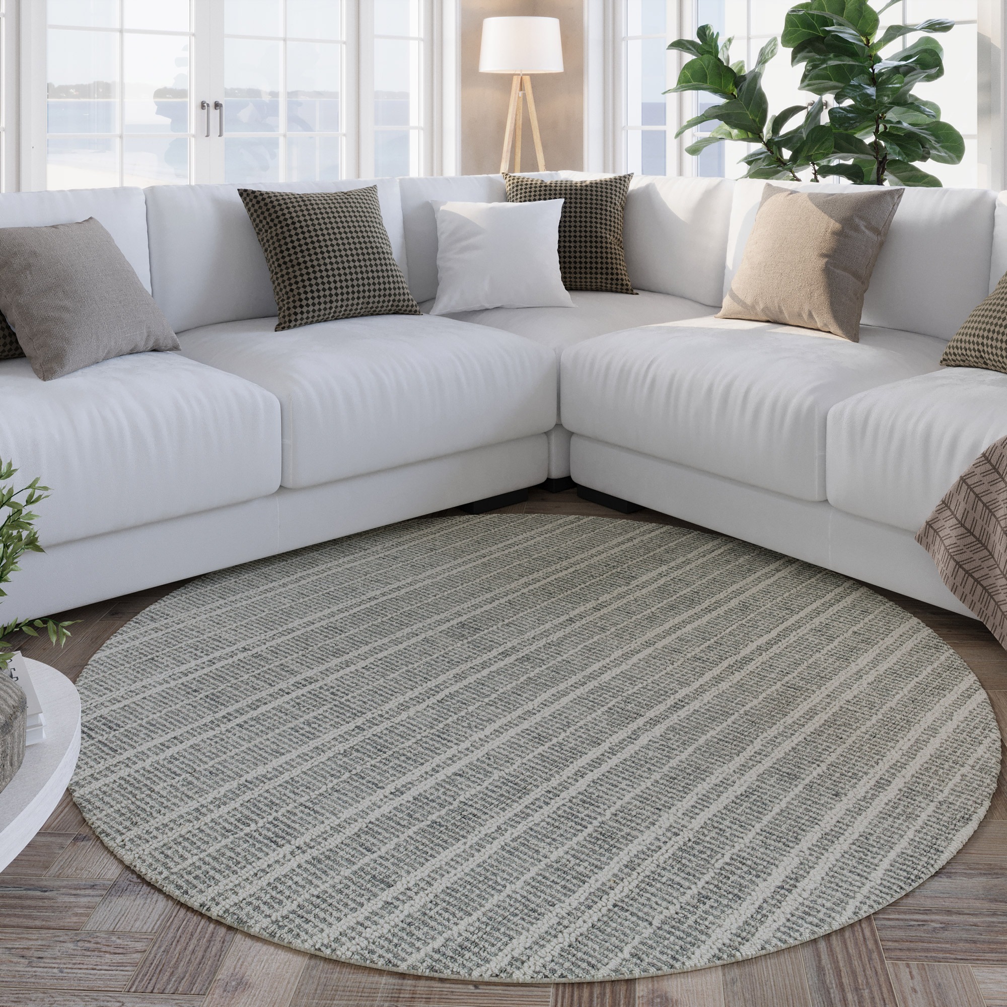 Wecon home Wollteppich »Hamptons FORTYFIVE«, rund, 15 mm Höhe, Schurwolle, Kurzflor, Wohn- & Schlafzimmer, elegant, Streifen Design