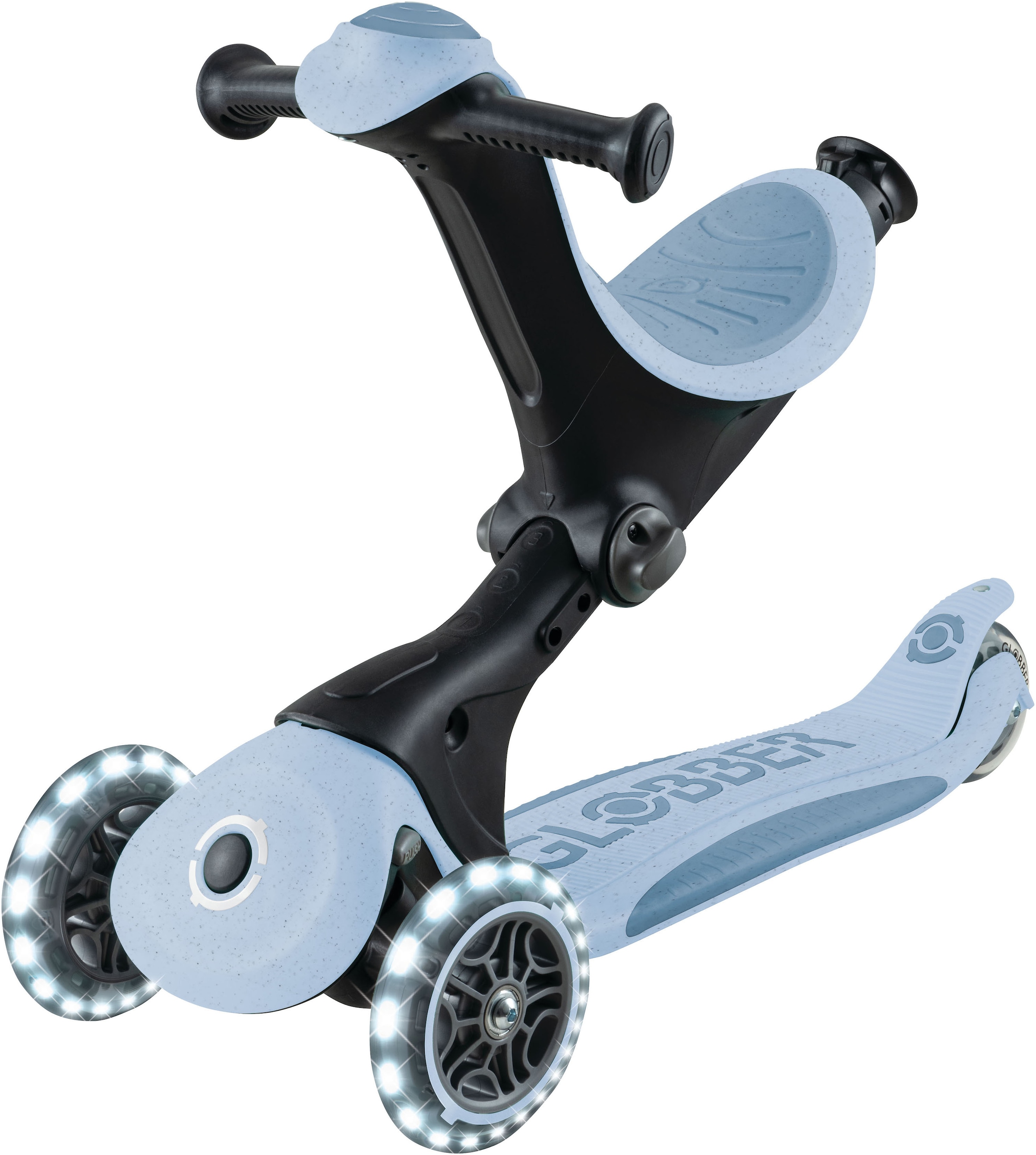 Globber Tretroller »GO-UP DELUXE LIGHTS ECO 360, mit Leuchtrollen« Aufsitzrad mit Schubstange, Laufrad und Scooter
