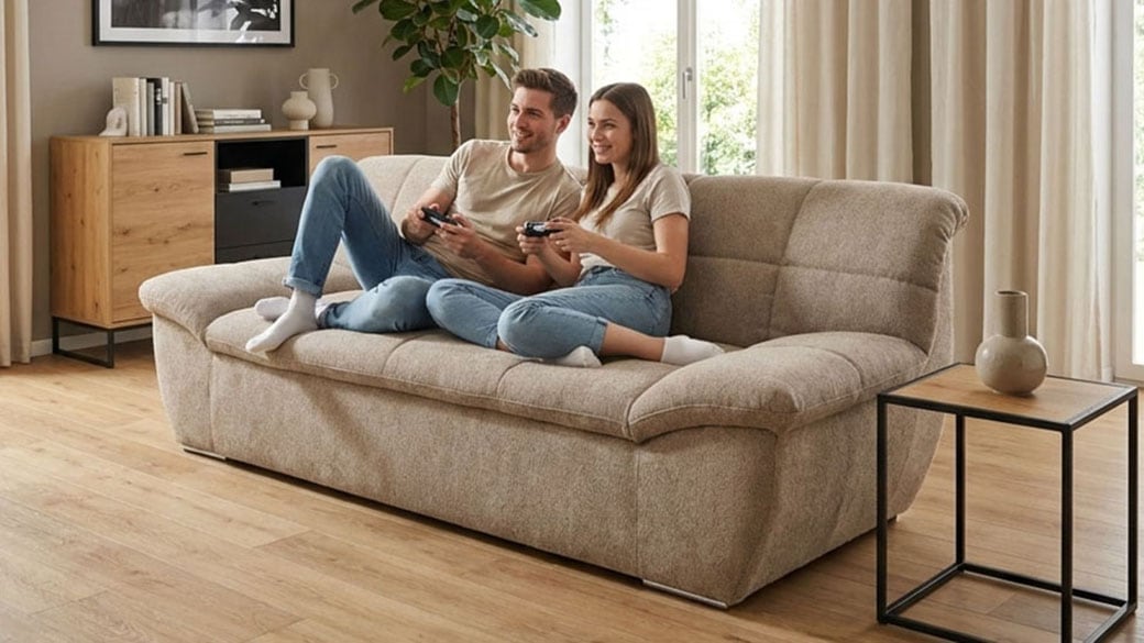 OTTO home 2-Sitzer "Salltum 211 cm breit, formschön, komfortabel" mit Ziernähen in Rücken und im Sitz, pflegeleichter Bezug