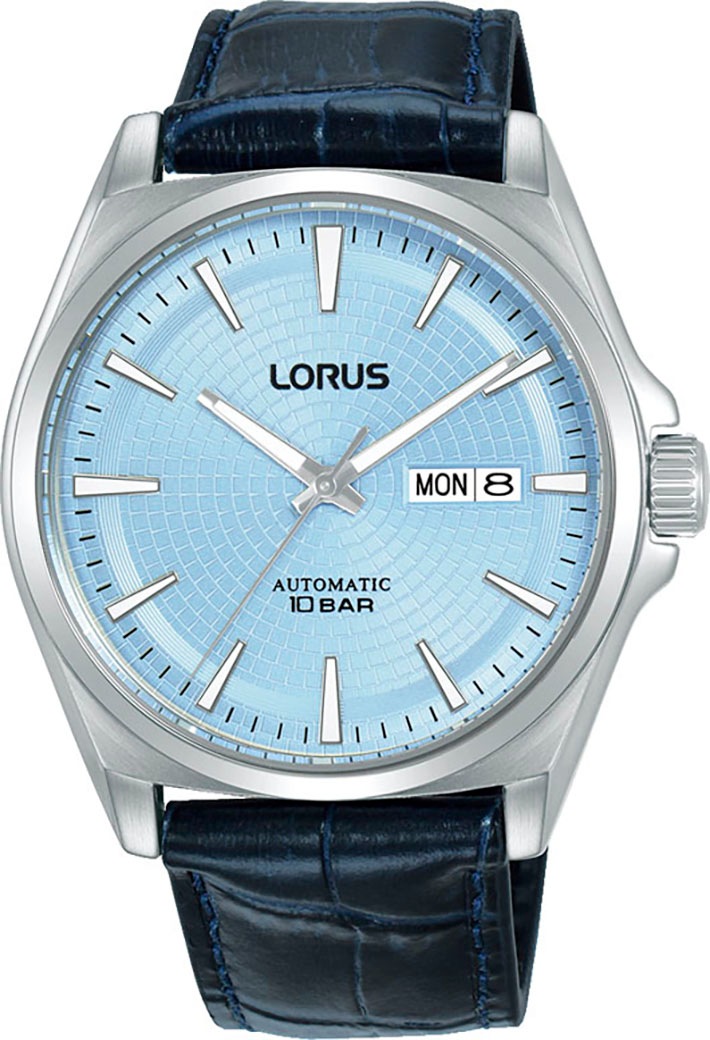 LORUS Herren Automatikuhrdunkelblau, hellblau, Armbanduhren, Armbanduhr, Herrenuhr, Mechanische Uhr, Lederarmband, analog, Tag