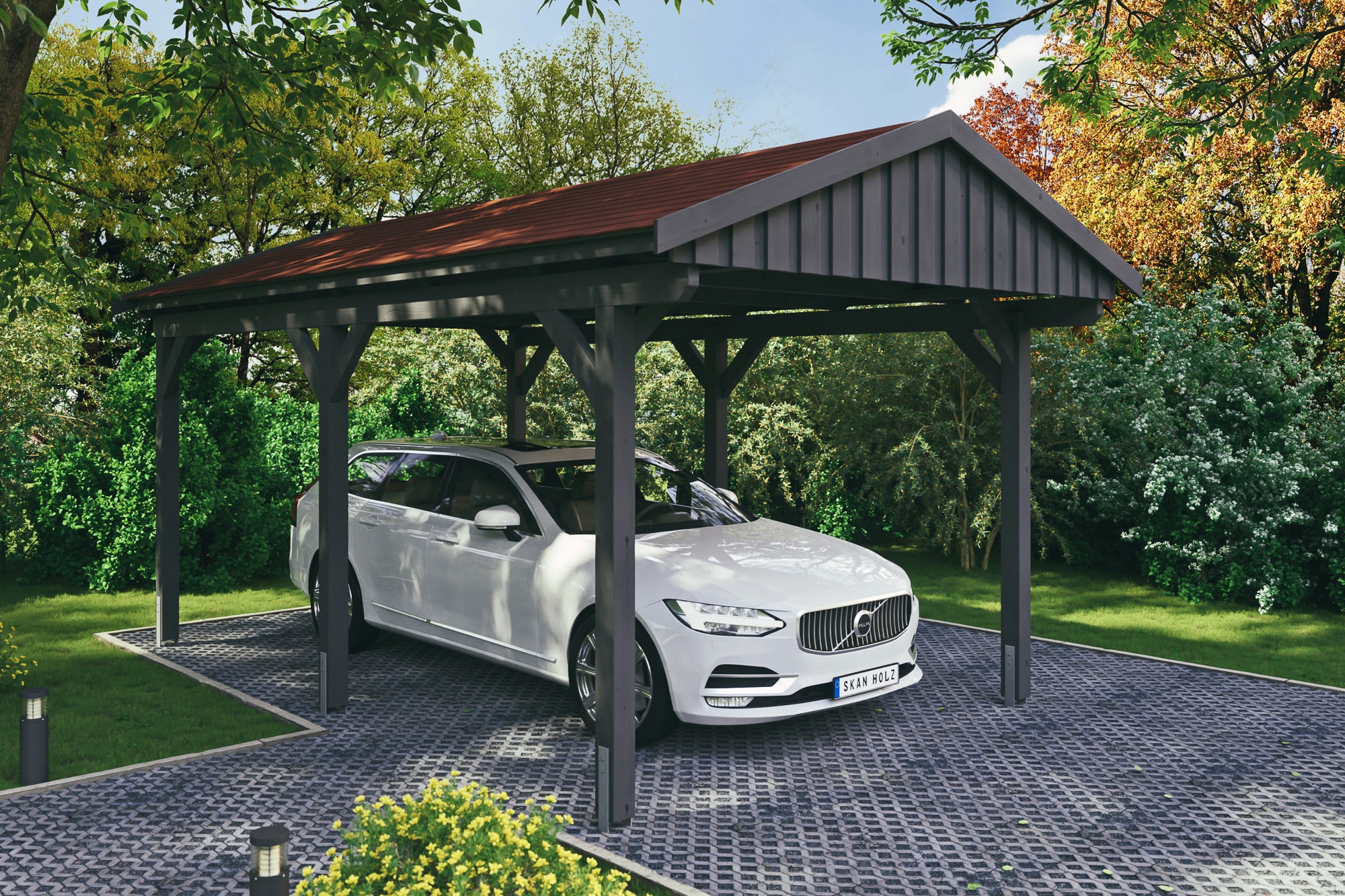 Skanholz Einzelcarport "Fichtelberg" Leimholz dunkelgrau mit roten Schindeln