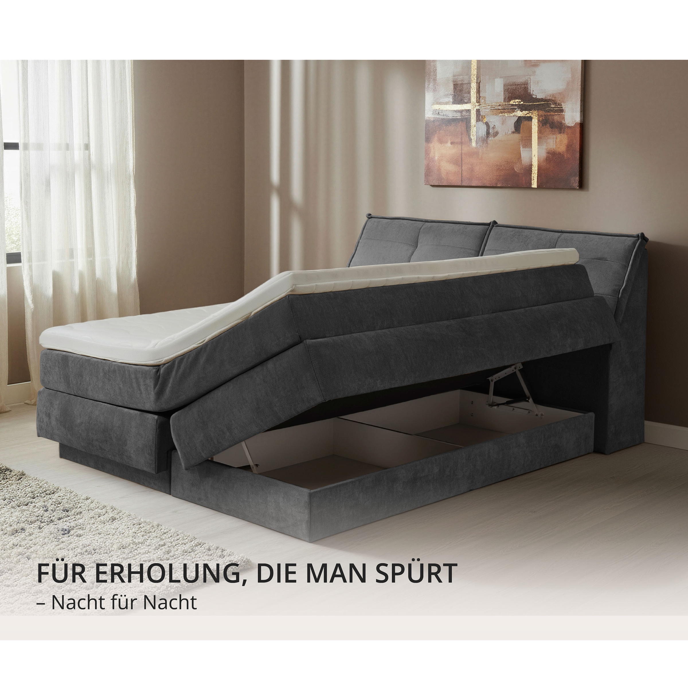 ED EXCITING DESIGN Boxspringbett »Tofino 180x200 mit Duo Matratze« 6 cm Gelkomfort-Topper, H3/H4, Bettkasten & Kopfteil-Stauraum