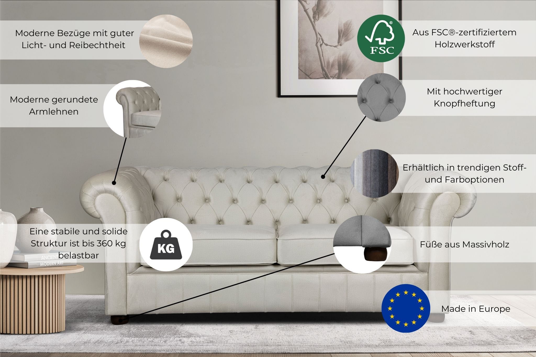 Home affaire 3-Sitzer »CHARENTE, optionale Schlafsofa, Chesterfield-Sofa, Bettfunktion«, mit edler Knopfheftung und typischen Armlehnen, B/T/H 198/89/74 cm
