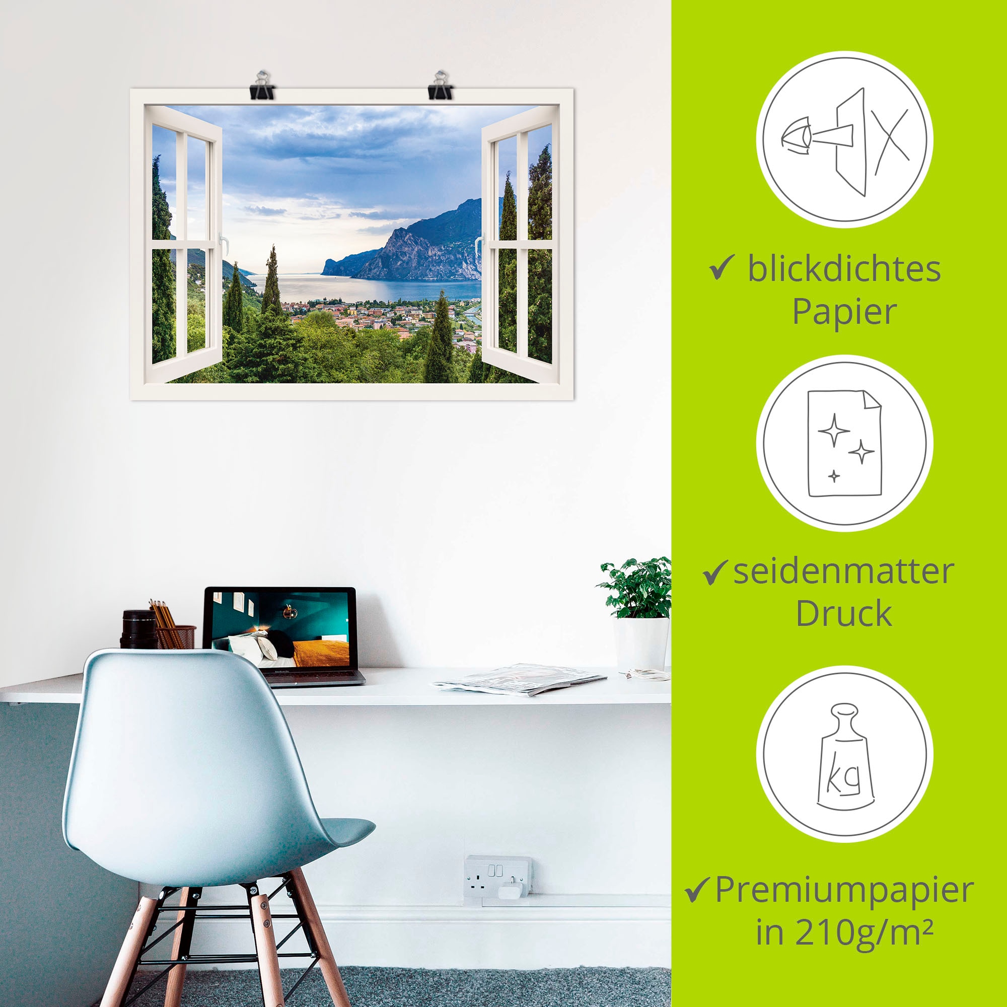 Artland Wandbild »Gardasee durchs weiße Fenster«, Seebilder, (1 St.), als Alubild, Outdoorbild, Leinwandbild, Poster, Wandaufkleber