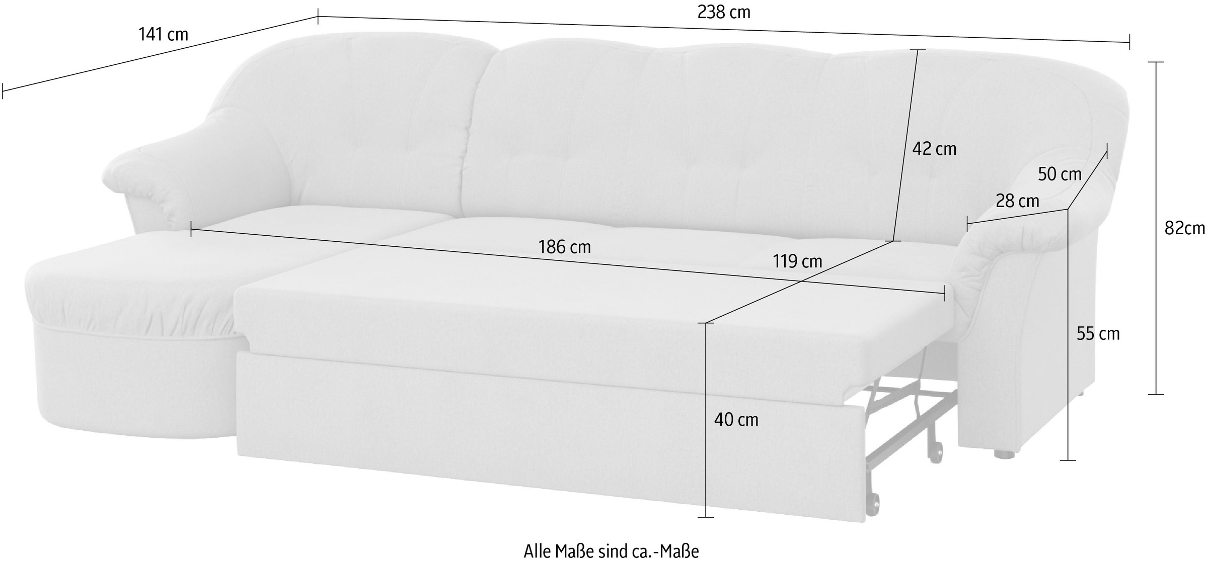 DOMO collection Ecksofa »Pegnitz, elegante Rückensteppung, kompakte Stellmaße 238/141cm, L-Form«, wahlweise mit Bettfunktion