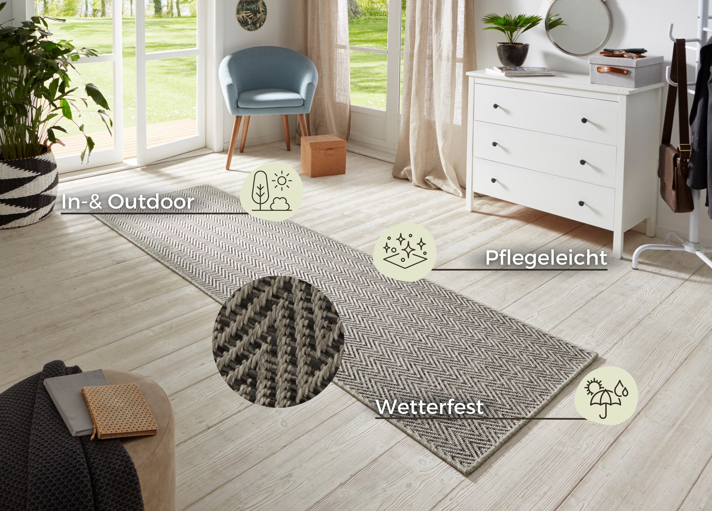 Läufer HANSE HOME "Nature 500" Gr. 50, grau (anthrazit, grau), B:80cm H:5mm L:350cm, Polypropylen (PP), Teppiche, Läufer, Flachgewebe, In- & Outdoor, Rutschfest, Flur, Küche, Garten, Terrasse 2