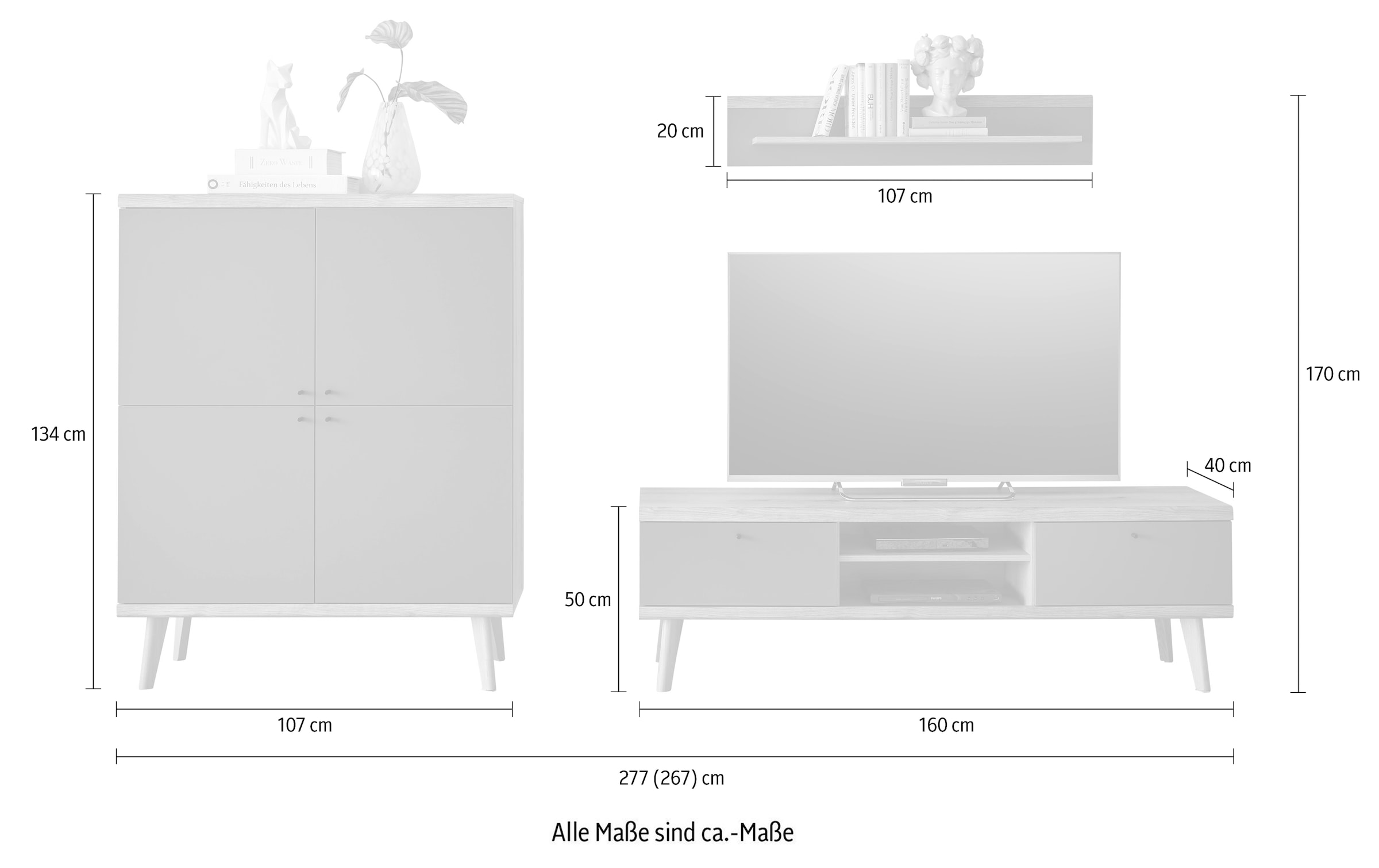 INOSIGN Wohnwand »MAVAS«, (Set, 3 St.), in moderner Trendfarbe, Griffe aus Metall (Schwarz), Breite 337 cm