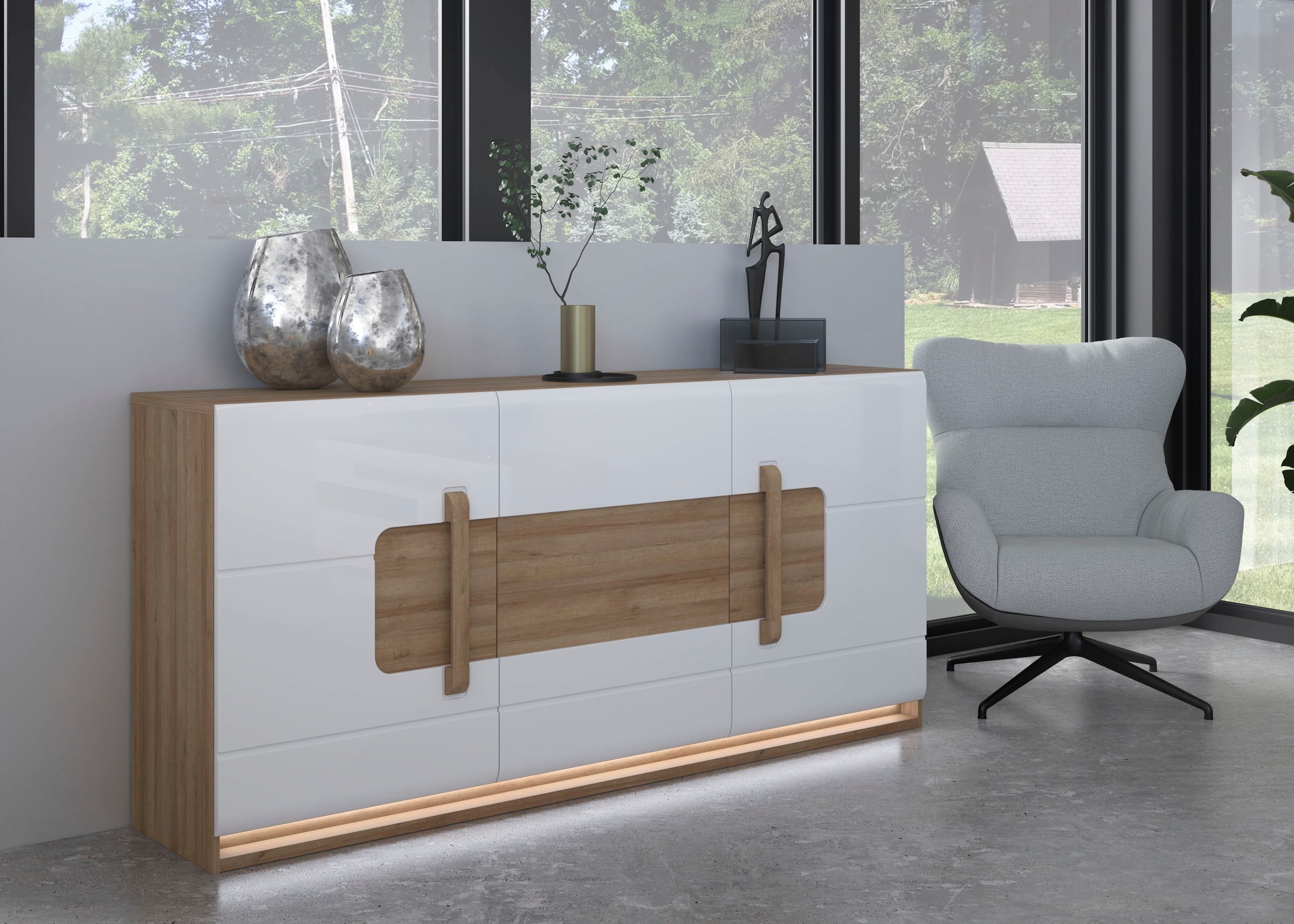 FORTE Sideboard »Attention«, (3 Türen, 7 Fächer und integrierter Schubkasten), Sideboard, Beleuchtung, Soft Close, Stauraum, Breite 194,6cm
