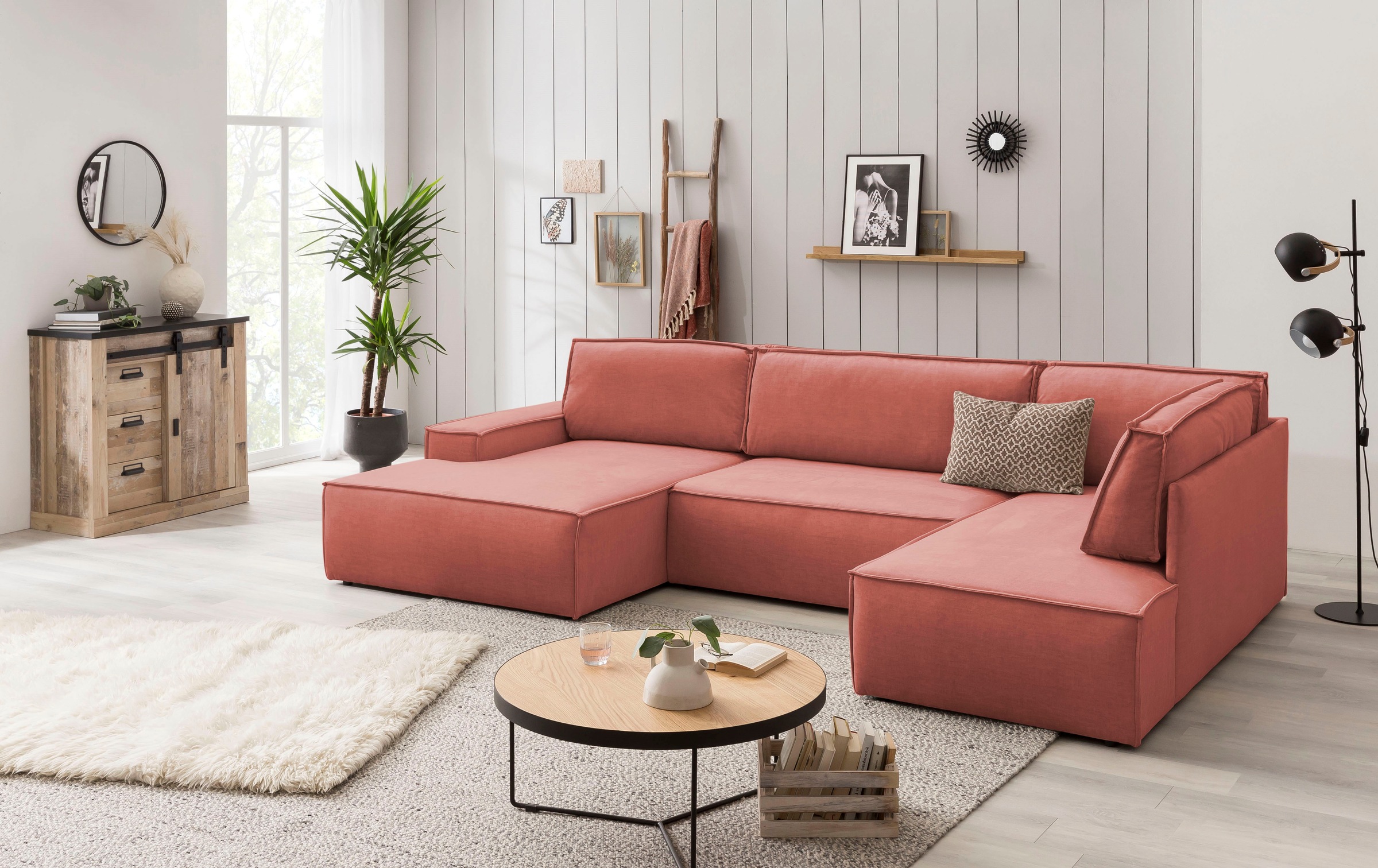 Home affaire Wohnlandschaft »SHERWOOD 329 cm, U-Form, Schlafsofa,«, Schlaffunktion m. Bettkasten (194x139 cm), Cord, Vintage, Samtvelours