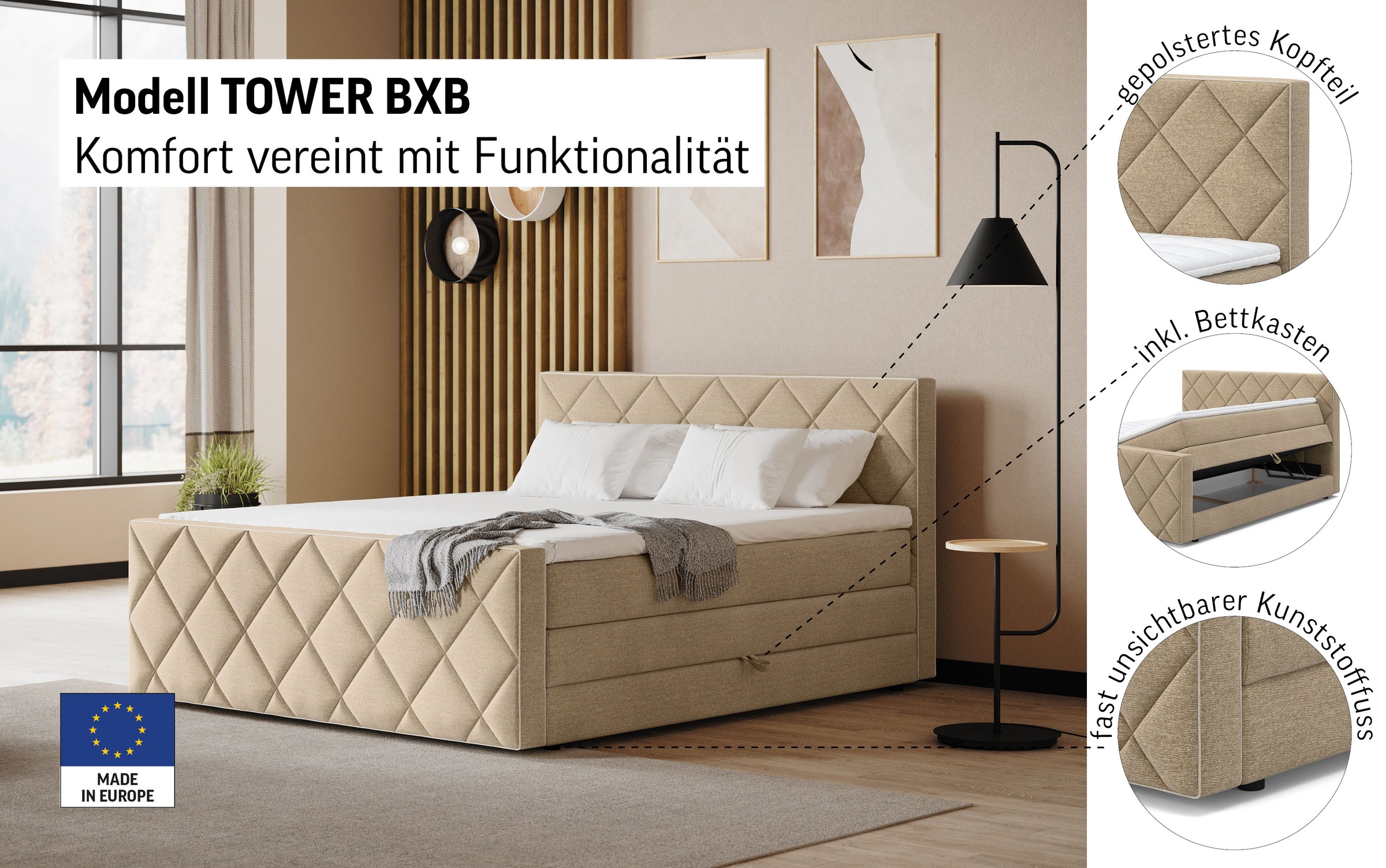 Thumbnail - COTTA Boxspringbett "Tower inkl. Bettkasten, mit Keder in abgesetzter Farbe" in verschiedenen Breiten, Härtegraden und F...