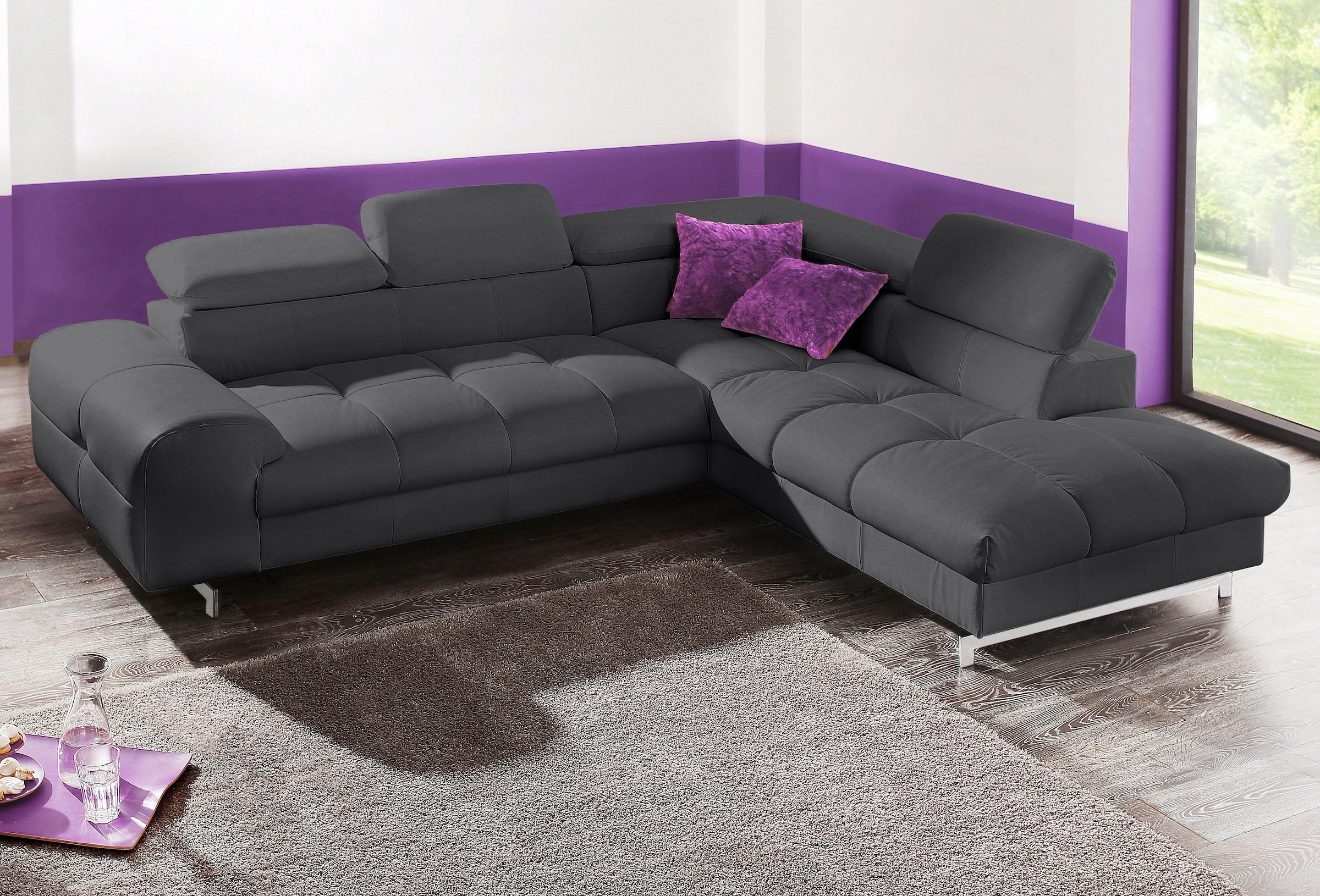 COTTA Ecksofa "Chef L-Form, B: 257cm, Leder, inkl. Kopfteilverstellung" optionale Schlaffunktion, moderne Metallkufen H 12cm, Wellenfederung