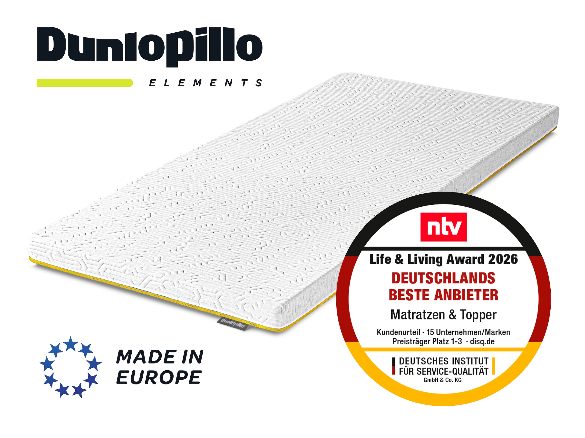 Dunlopillo 1100000002199 "Elements, Premium Viscotopper 90x200 & 140x200 cm & weitere Größen" Matratzentopper Made in EU Geeignet für Boxspringbetten