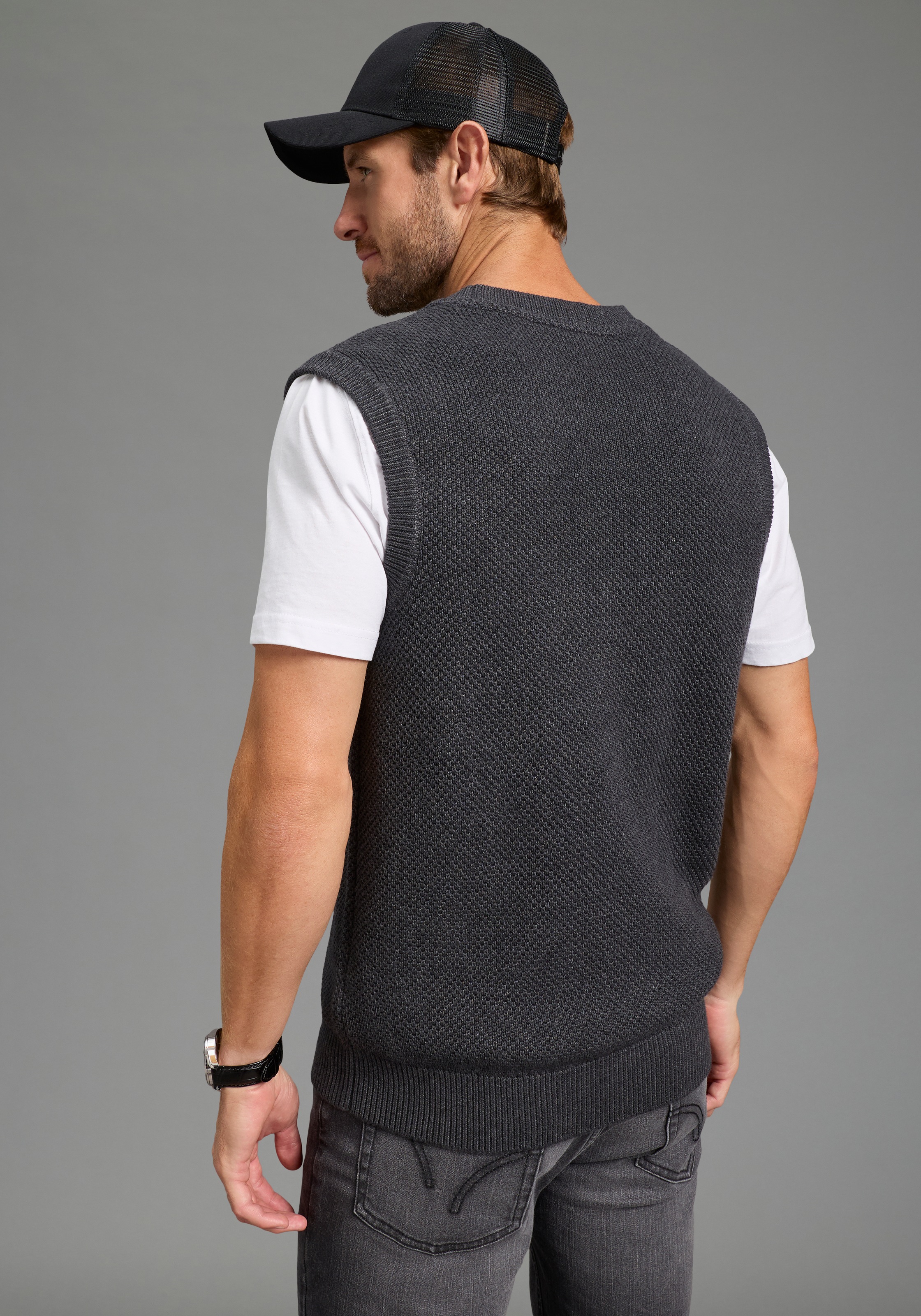 Pullunder MAN'S WORLD "Neue Kollektion Highlight mit Struktur", Herren, Gr. 3XL (64/66), anthrazit melange, Strick, Obermaterial: 50% Baumwolle, 50% Polyacryl, Strukturmuster, regular fit normal, Rundhals, Pullover Pullunder, aus Baumwolle, mit Rundhalsau 3
