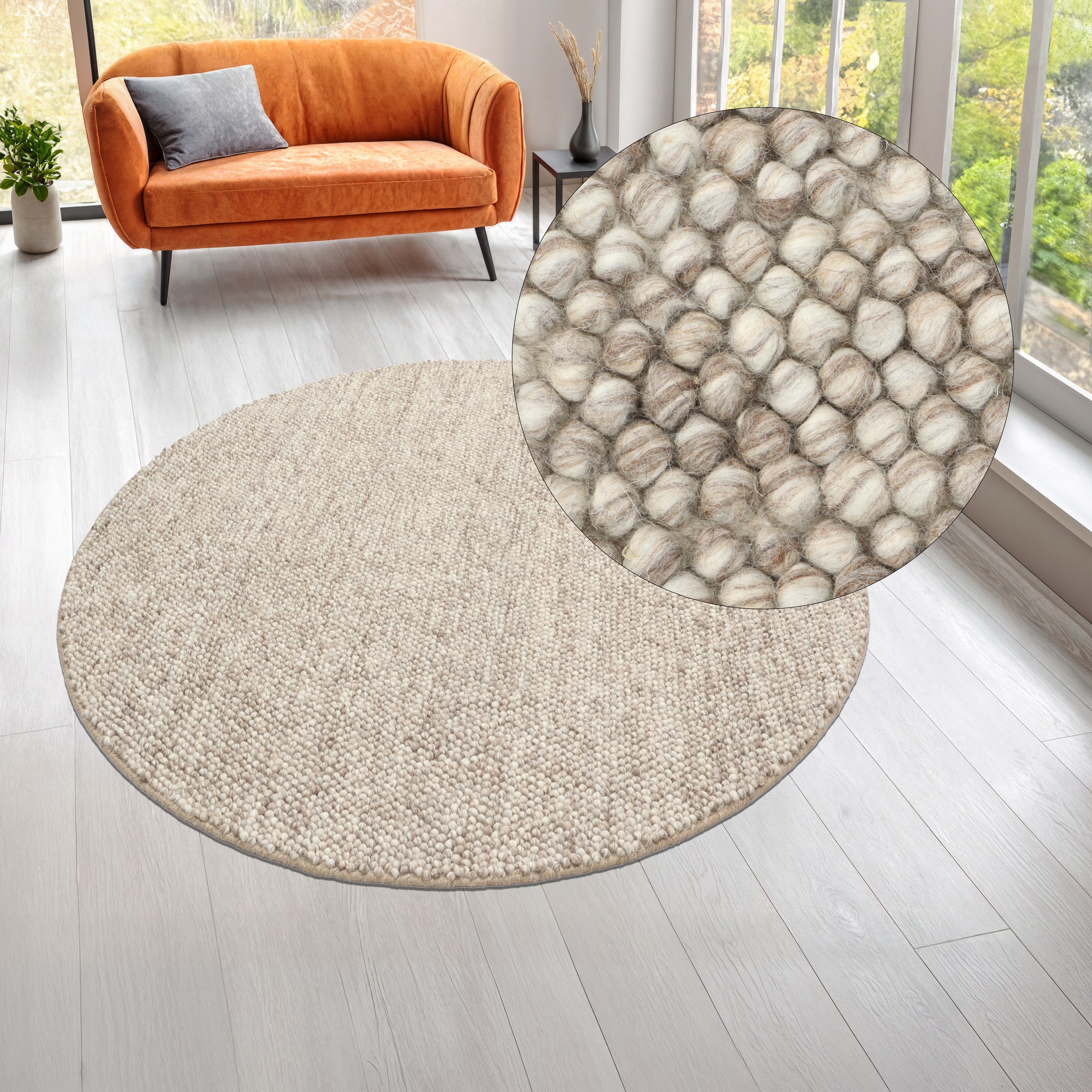 Teppich "Ainhoa, handgewebt, Wolle" Gr. 9, beige (sand), H:12mm Ø:120cm, Kunstfaser, Wolle, LEGER HOME BY LENA GERCKE, Teppiche, Teppich, Teppich, Wohnzimmer, Schlafzimmer, Esszimmer