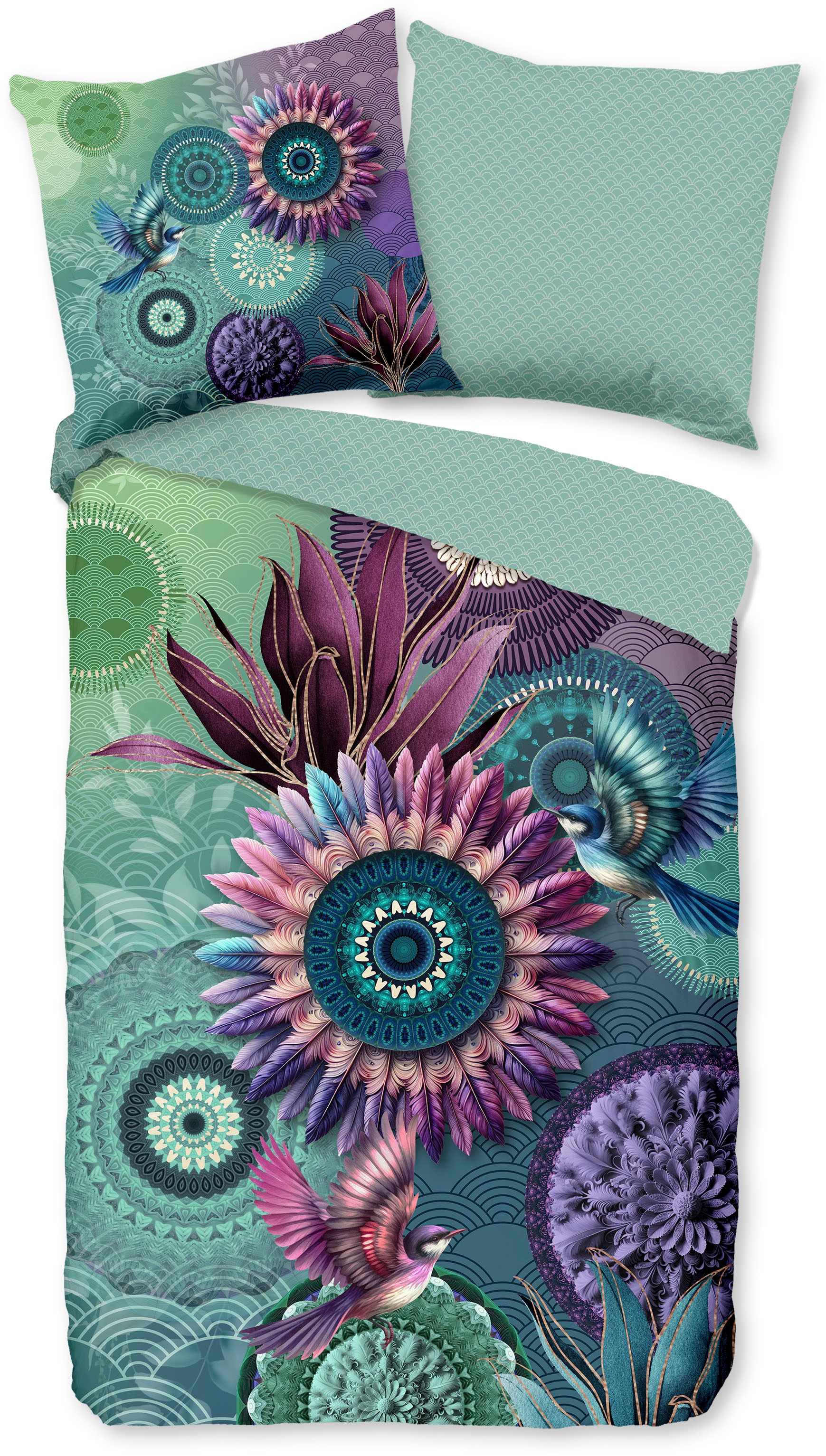 hip Wendebettwäsche »Vespera« 2 Satin, Reißverschluss, Wendeoptik, Mandala, Vogel, grün