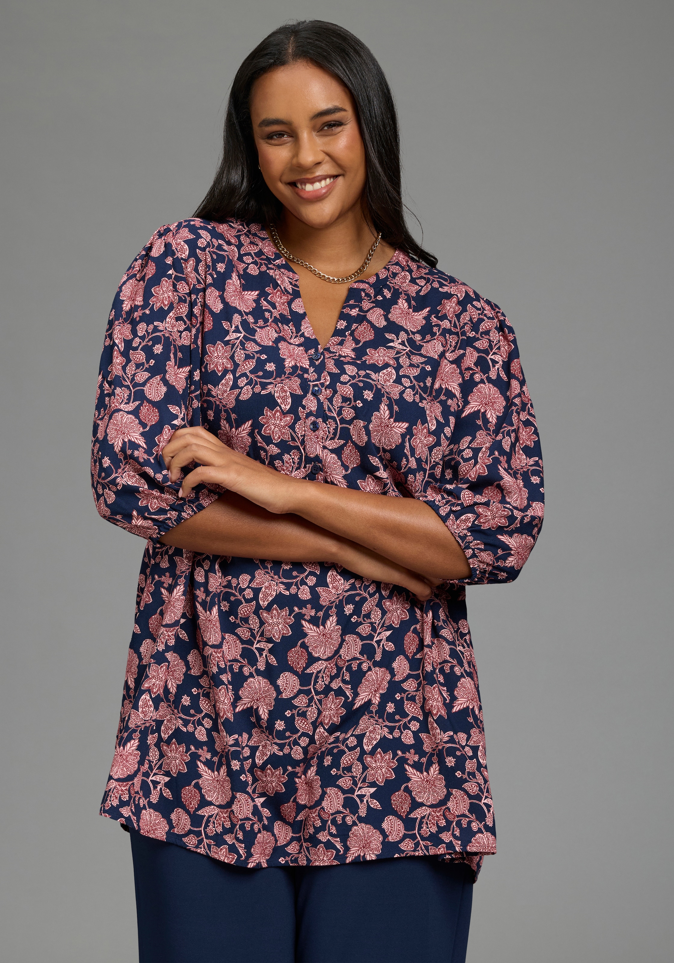 Laura Scott CURVE Longbluse "Große Größen" gemusterte Optik, 3/4-Ärmel mit Gummizug, aus Viskose