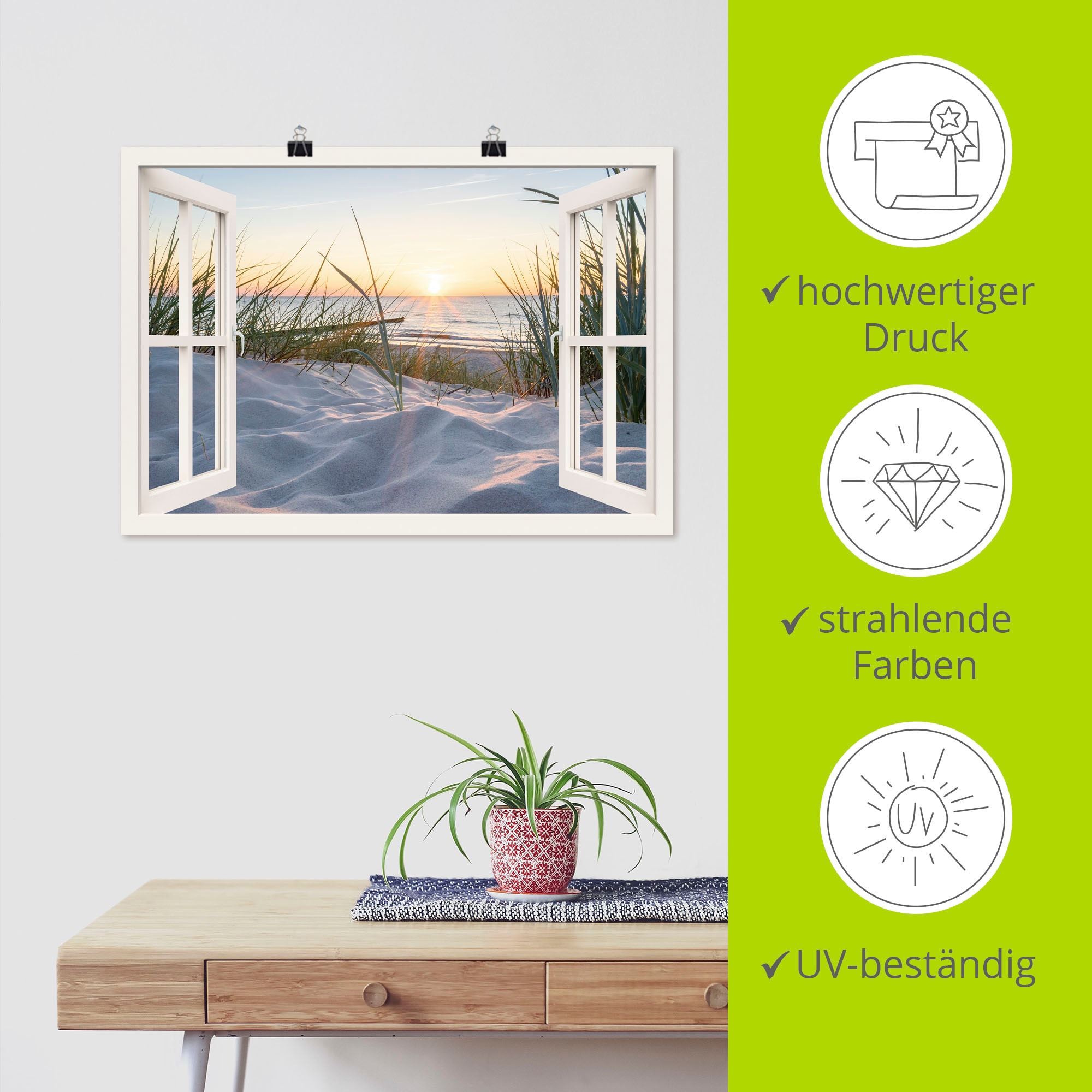 Artland Wandbild »Ostseestrand durchs Fenster«, Meer Bilder, (1 St.), als Alubild, Outdoorbild, Leinwandbild, Poster, Wandaufkleber