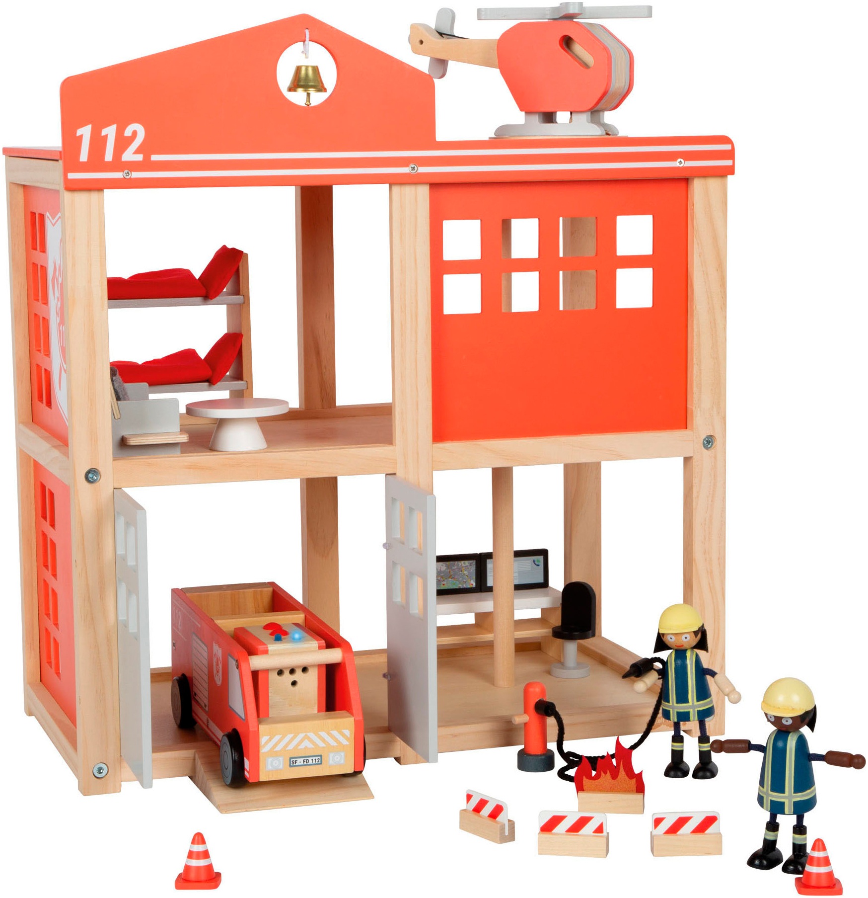 Spielwelt SMALL FOOT "Große Feuerwache mit Zubehör", bunt, Spielfigurenwelten, KinderB:45cm H:50cm L:25cm, Filz, Holz, Metall, batteriebetriebenes Sound- & Lichtmodul für realistische Einsätze, B:45cm H:50cm L:25cm