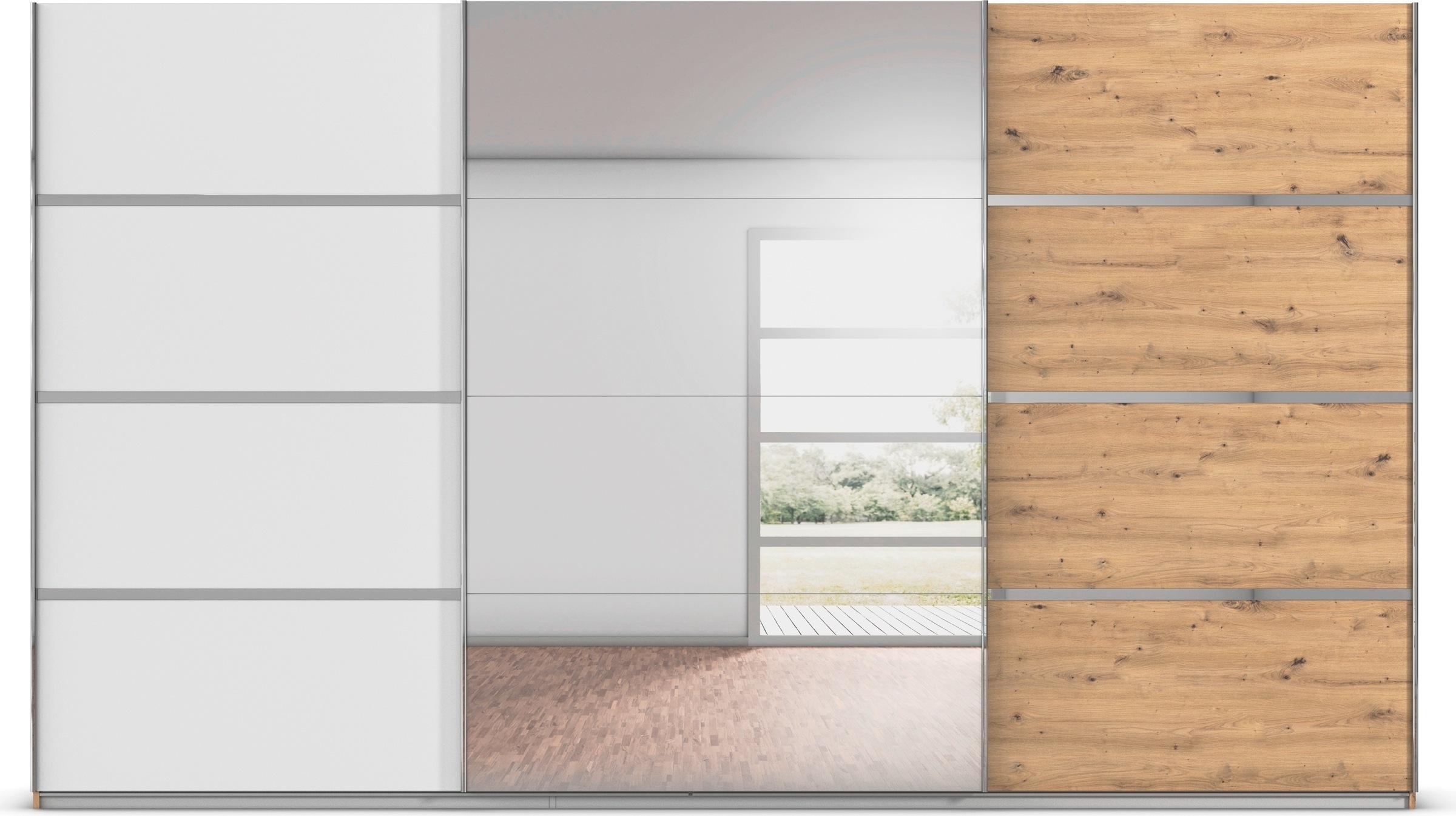 rauch Kleiderschrank »Schwebetürenschrank OTTO´s Choice Garderobe Schrank TOP ANGEBOT Avola«, (in 3 verschiedenen Ausstattungen BASIC/CLASSIC/PREMIUM inkl. Spiegel), mit eleganten Zierleisten in Chrom, Schwarz oder Weiß MADE IN GERMANY