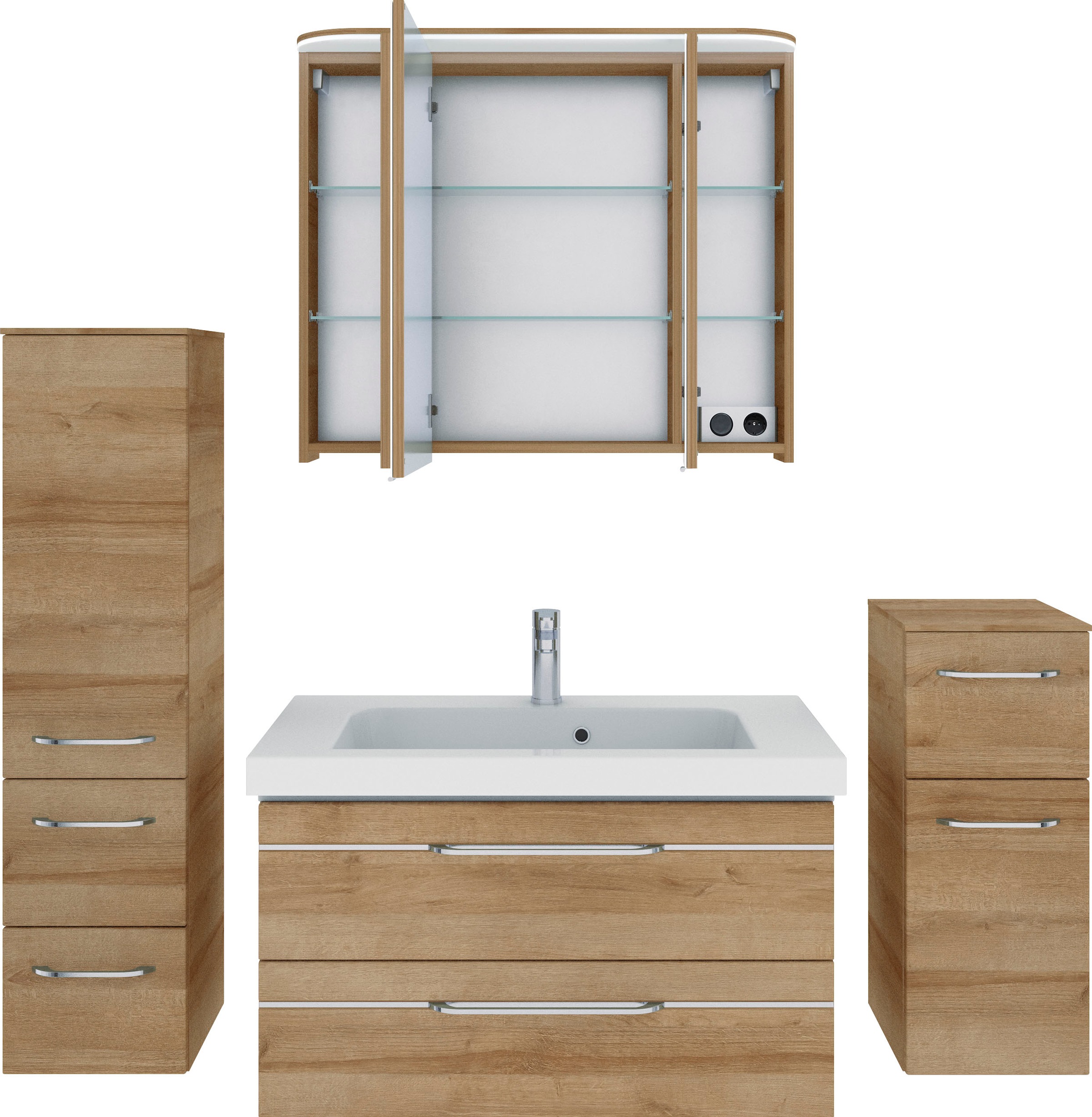 Saphir Badmöbel-Set »Balto Sprint 4-teilig, Mineralmarmor-Waschtisch mit LED-Spiegelschrank«, (5 St.), Midischrank und Unterschrank, inkl Türdämpfer, 5 Türen, 5 Schubladen
