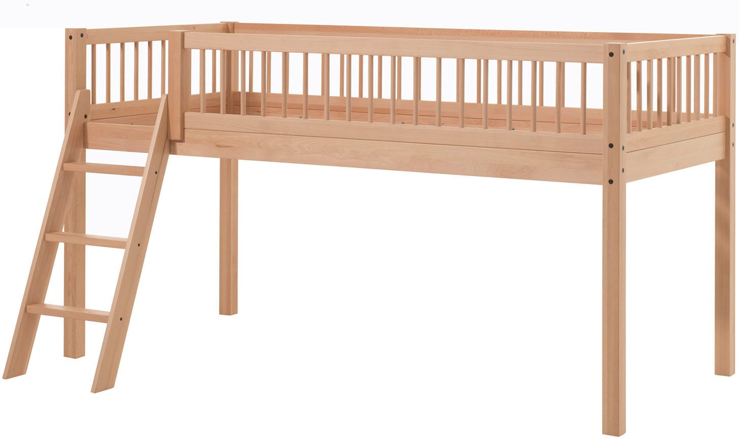 Vipack Spielbett "Forrest halbhoch mit Leiter und Absturzschutz in Sprossen-Optik" Liegefläche 90/200cm inkl. Massivholz Rolllattenrost, ideal für das Kinderzimmer, Buche massiv natur lackiert
