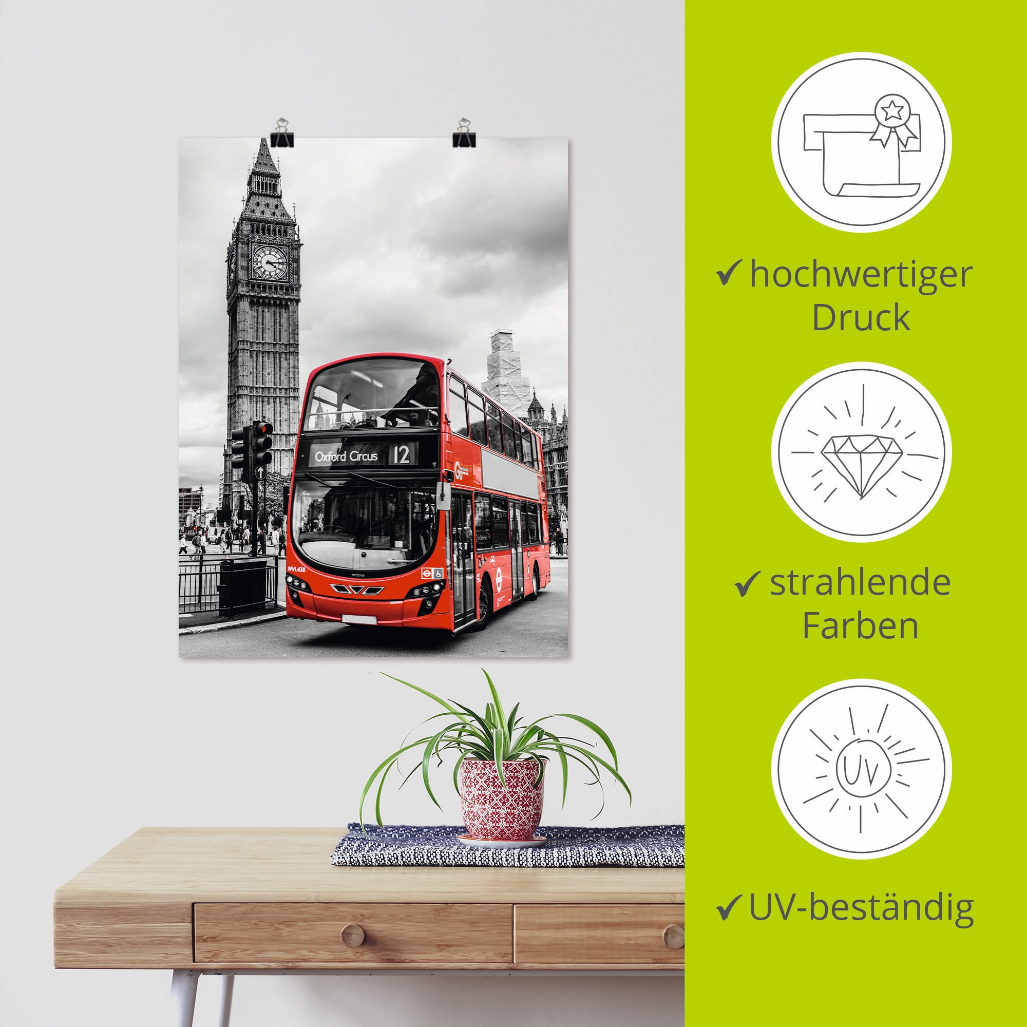 Artland Wandbild »London Bus und Big Ben«, Gebäude, (1 St.), als Leinwandbild, Poster in verschied. Größen