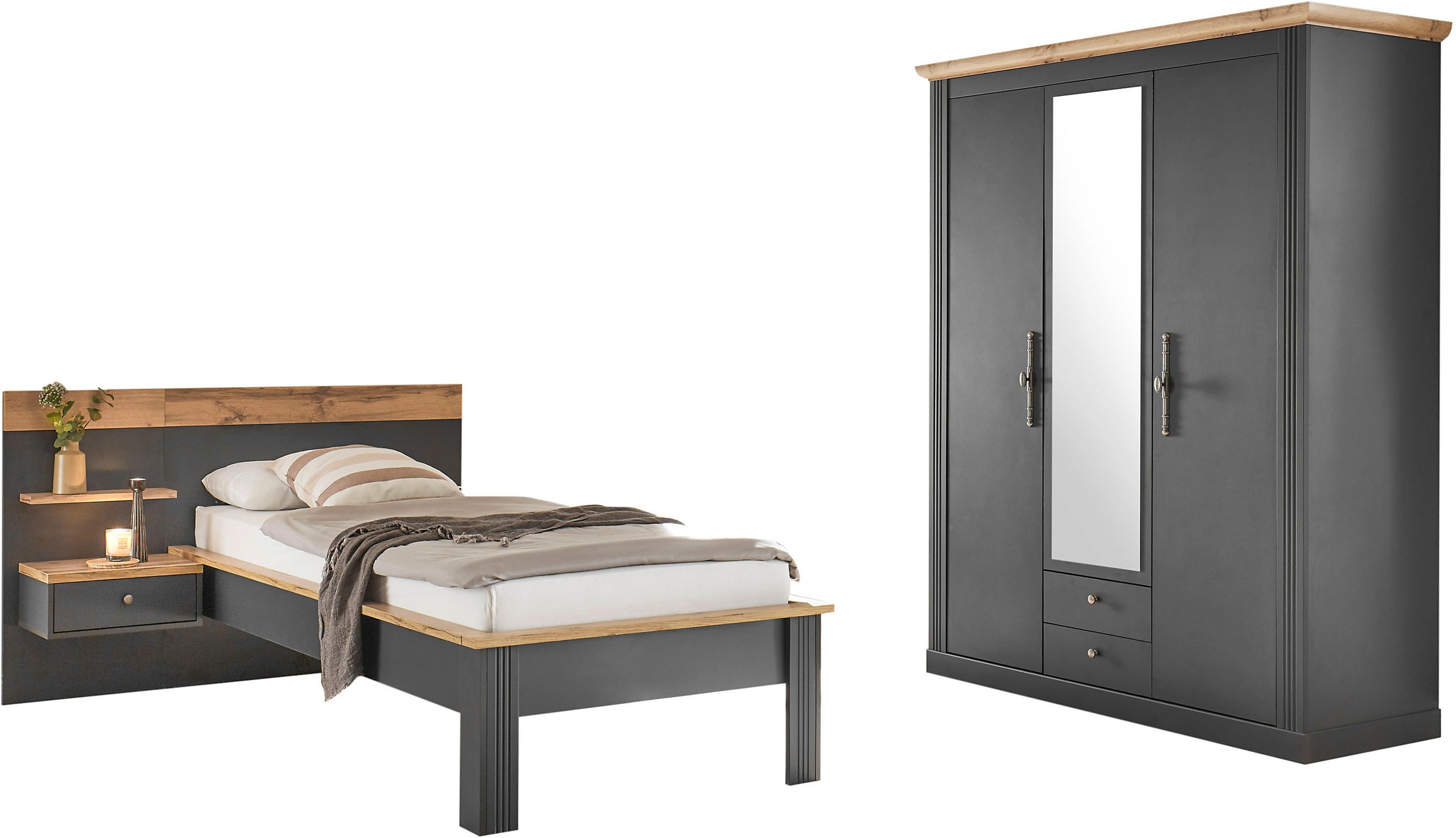 Schlafzimmer-Set OTTO HOME, grau, Schlafzimmermöbel-Sets, "Westminster", beinhaltet 1 Bett, Kleiderschrank 3-türig und 1 Wandpaneel