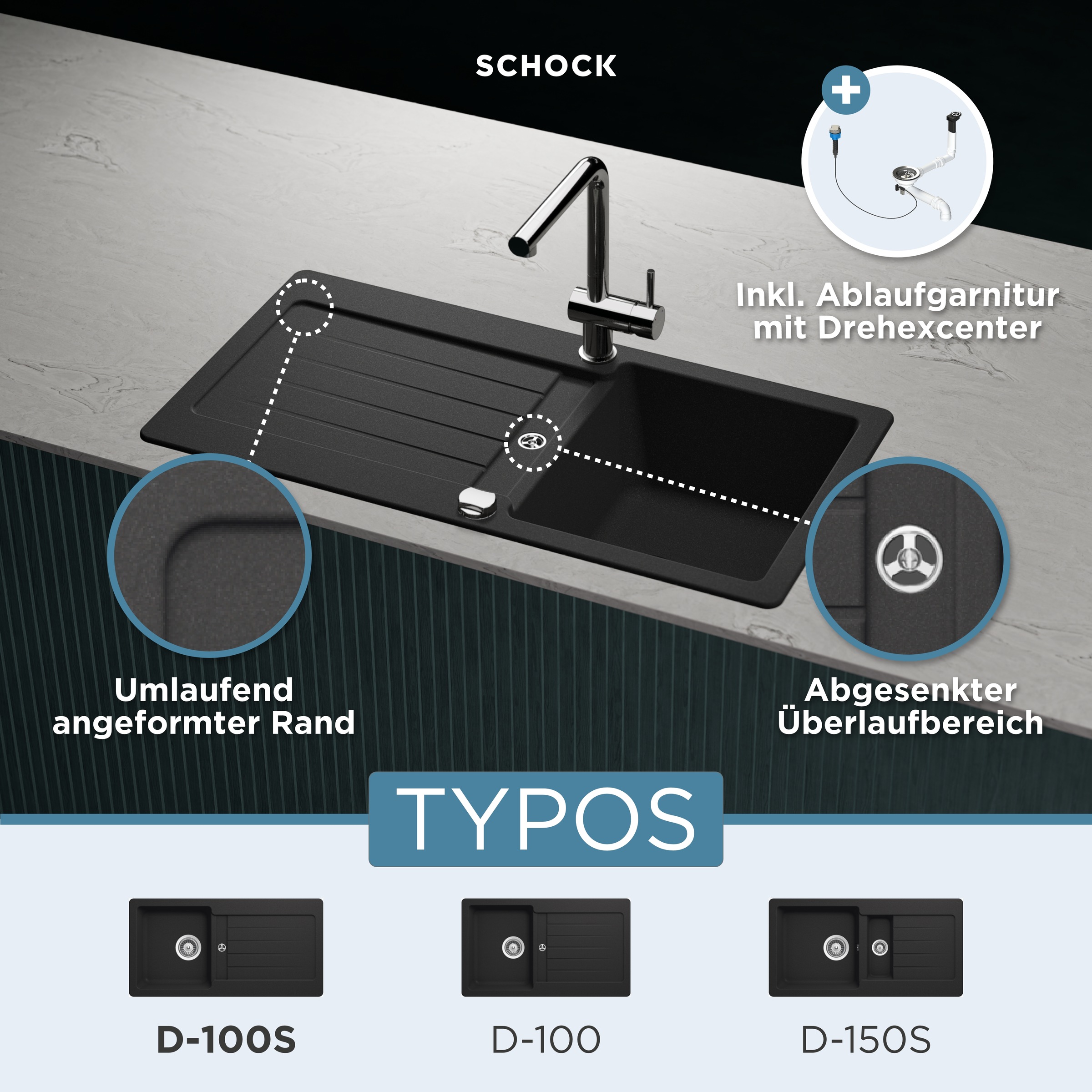 Schock Granitspüle "Typos D-100 S" mit Ablauf und Abtropffläche, links und rechts einbaubar