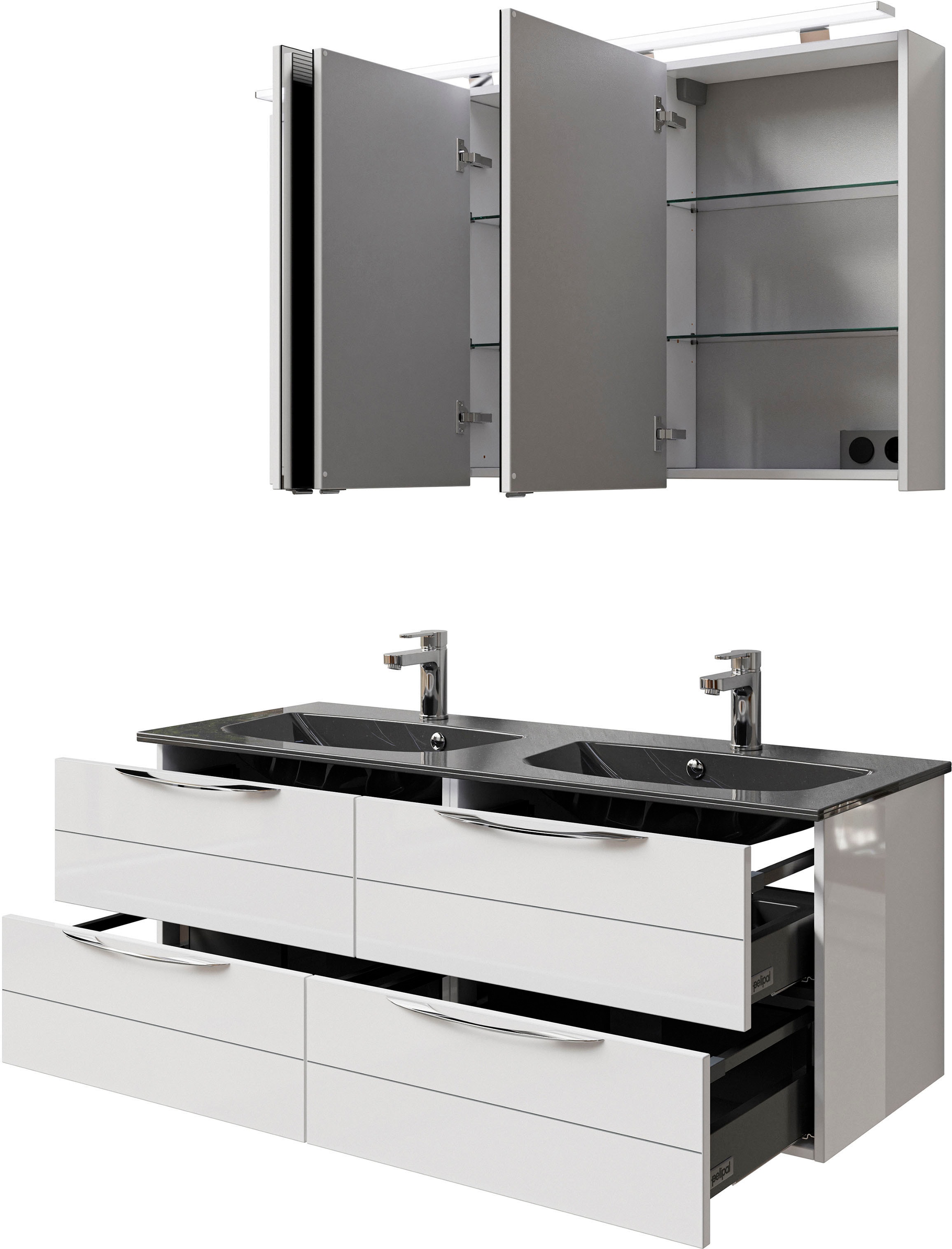 Saphir Badmöbel-Set »Serie 6025 2-teilig Mineralmarmor-Waschtisch mit LED-Spiegelschrank«, (2 St.), Waschplatz 132cm breit, 4 Schubladen, 2 Spiegel-Türen, inkl Türdämpfer