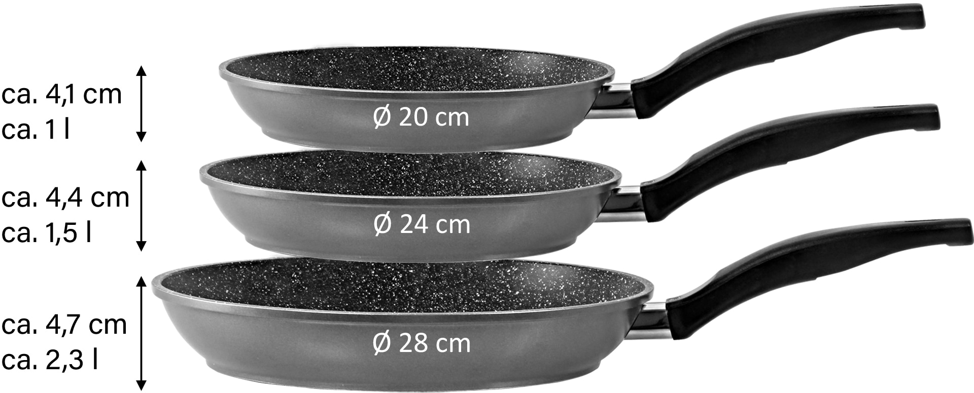 STONELINE Pfannen-Set, Aluminiumguss, (Set, 3 tlg., 1x Bratpfanne Ø 22 cm, 1x Bratpfanne Ø 20 cm, 1x Schmorpfanne Ø 28 cm), Induktion