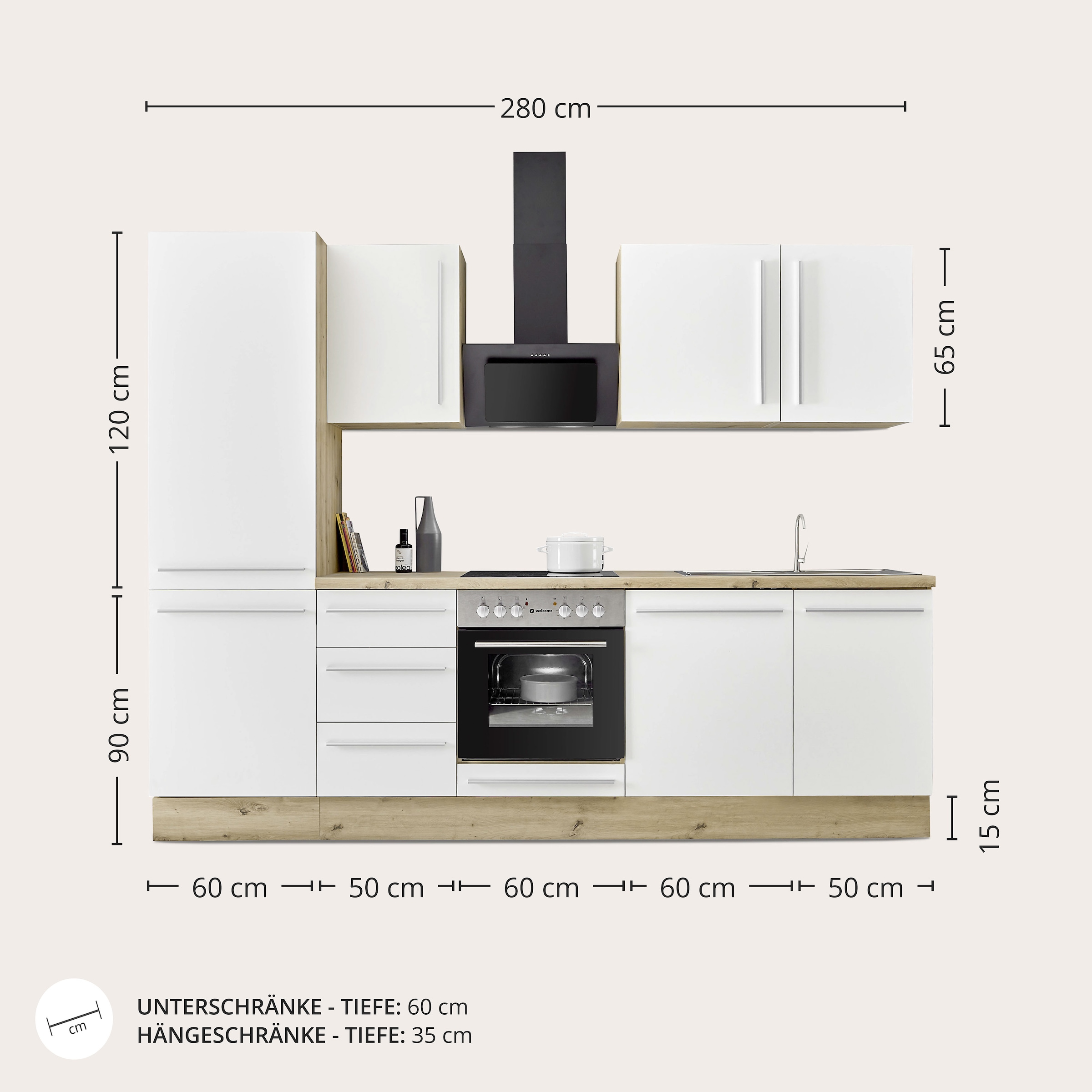 KOCHSTATION Küchenzeile »KS-Florida mit 38mm starker Arbeitsplatte«, Breite 280 cm, wahlweise mit E-Geräten, Soft-Close-Funktion