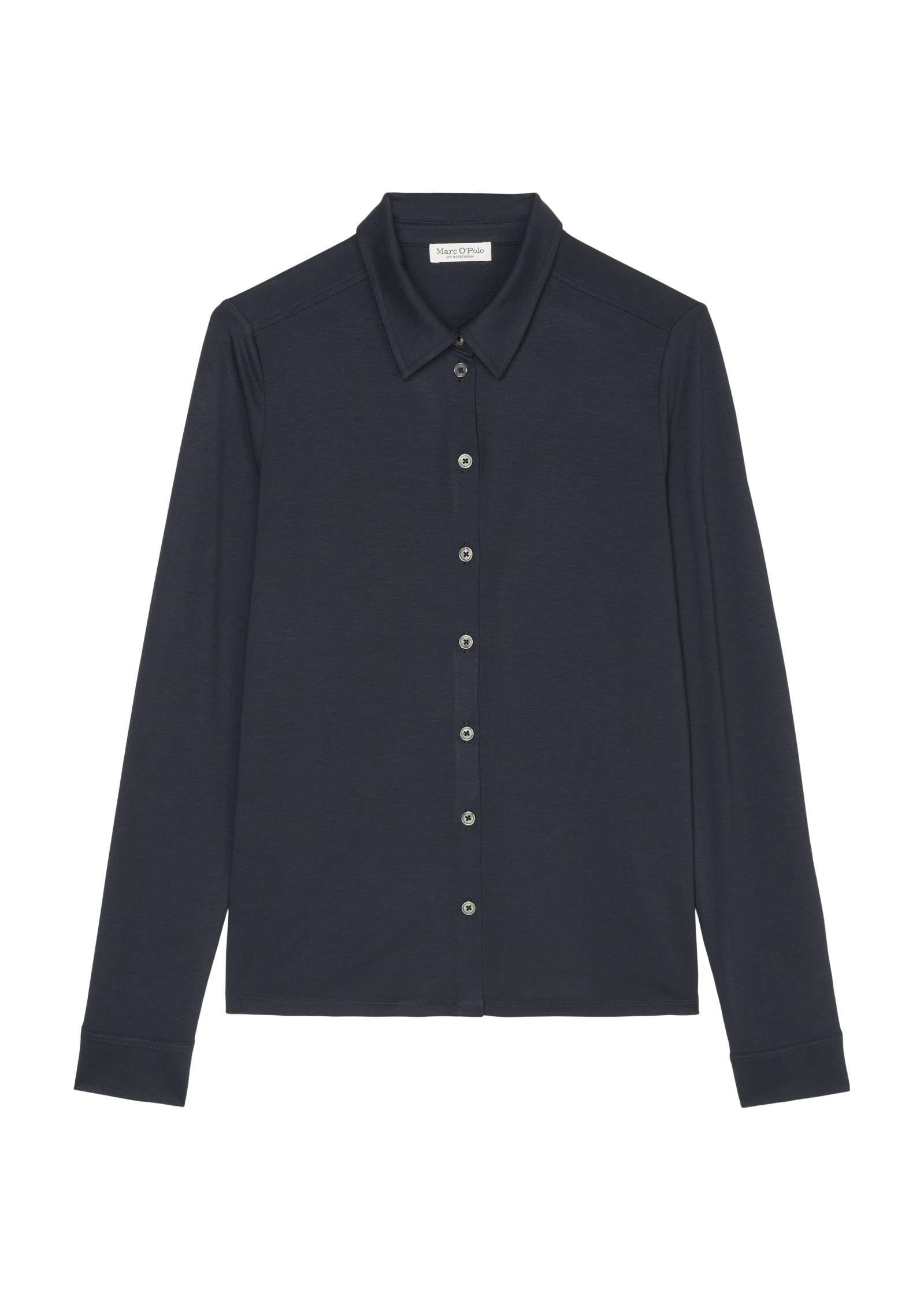 Blusenshirt MARC O'POLO, Damen, Gr. S, blau, Single Jersey, Obermaterial: 97% Viskose, 3% Elasthan, Basic, regular fit hüftlang, hoch geschlossener Ausschnitt, Manschette mit Knöpfen, Shirts Blusenshirt, im hüftlangen Schnitt 6