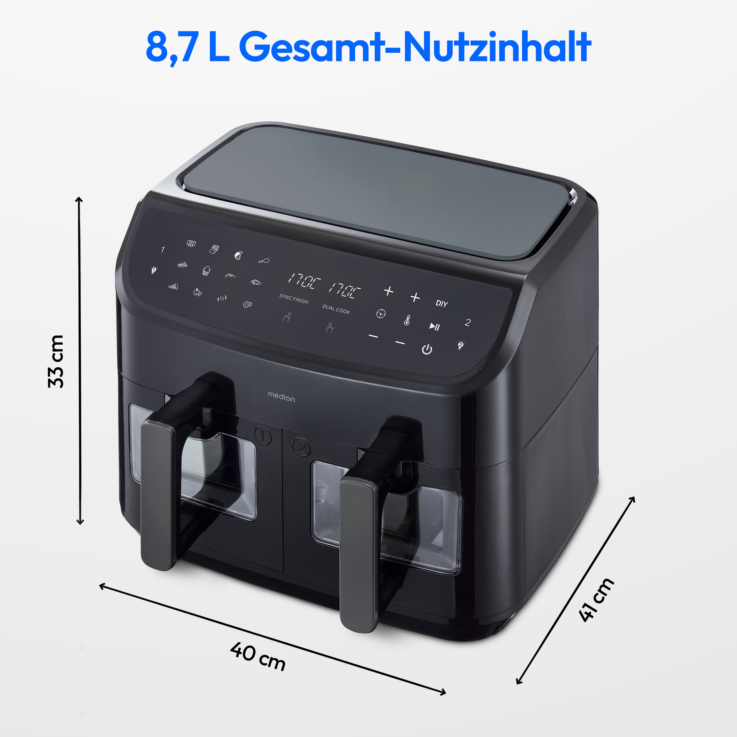 Medion® Heißluftfritteuse »P20 XL (MD 11760) 8,7 L Korbvolumen, 9 Automatikprogramme, Dual Cook«, 2400 W, Temperatur 50 - 200 °C, ILAG Beschichtung, Sync-Finish