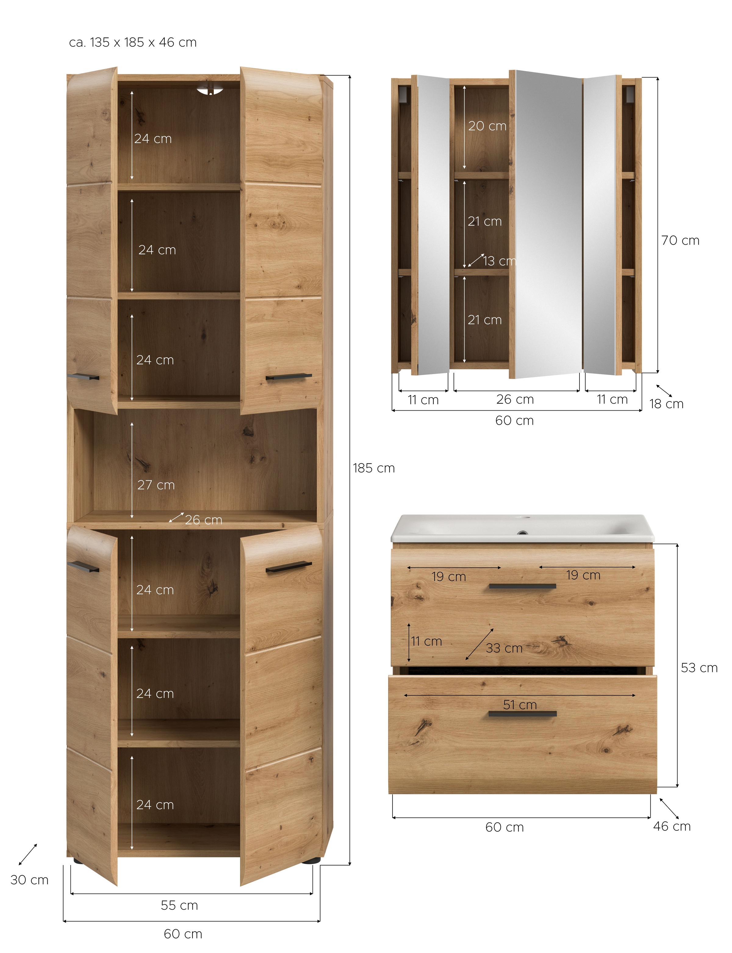 INOSIGN Badezimmer-Set, (Set, 4 St.), Florenz, Badkombination 4-tlg.,Artisan Oak NB, inkl. Waschbecken