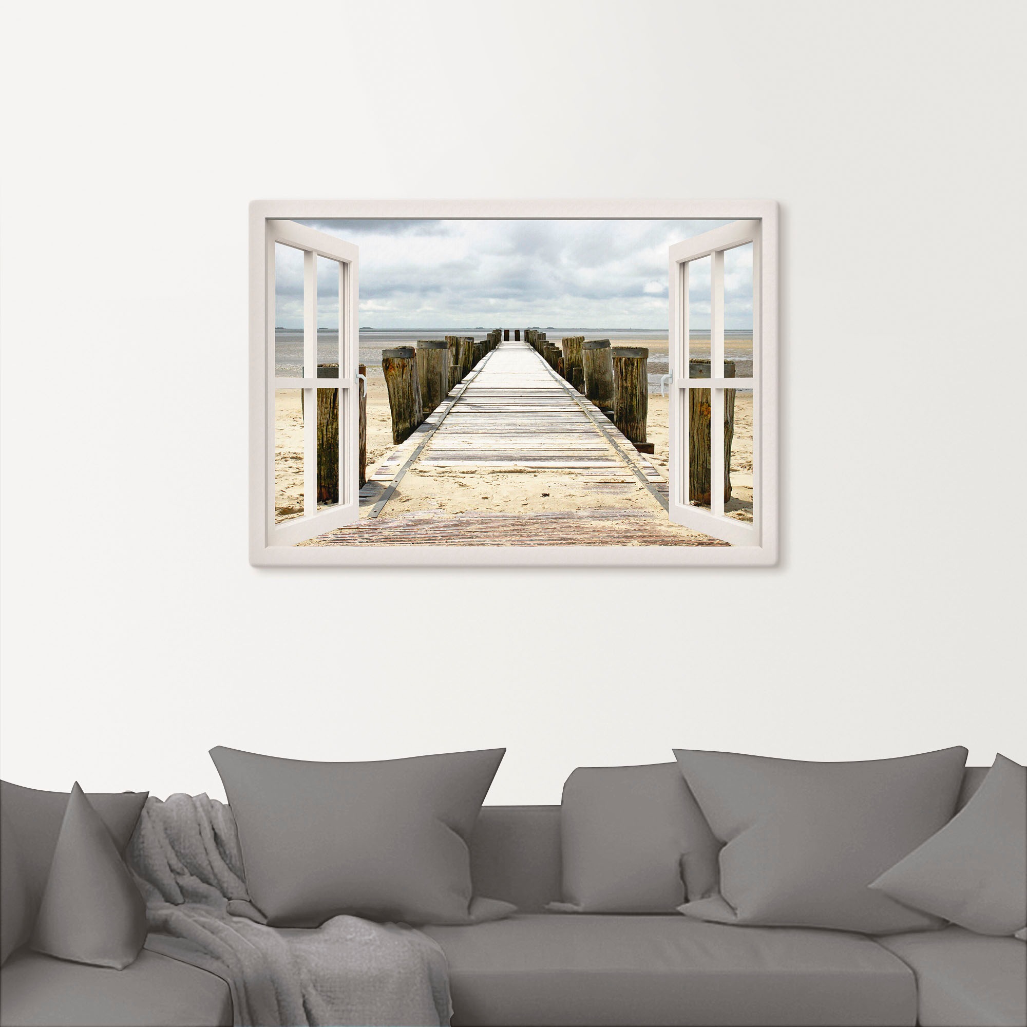 Artland Wandbild »Fensterblick - Steg ins Watt«, Fensterblick, (1 St.), als Leinwandbild, Wandaufkleber in verschied. Größen