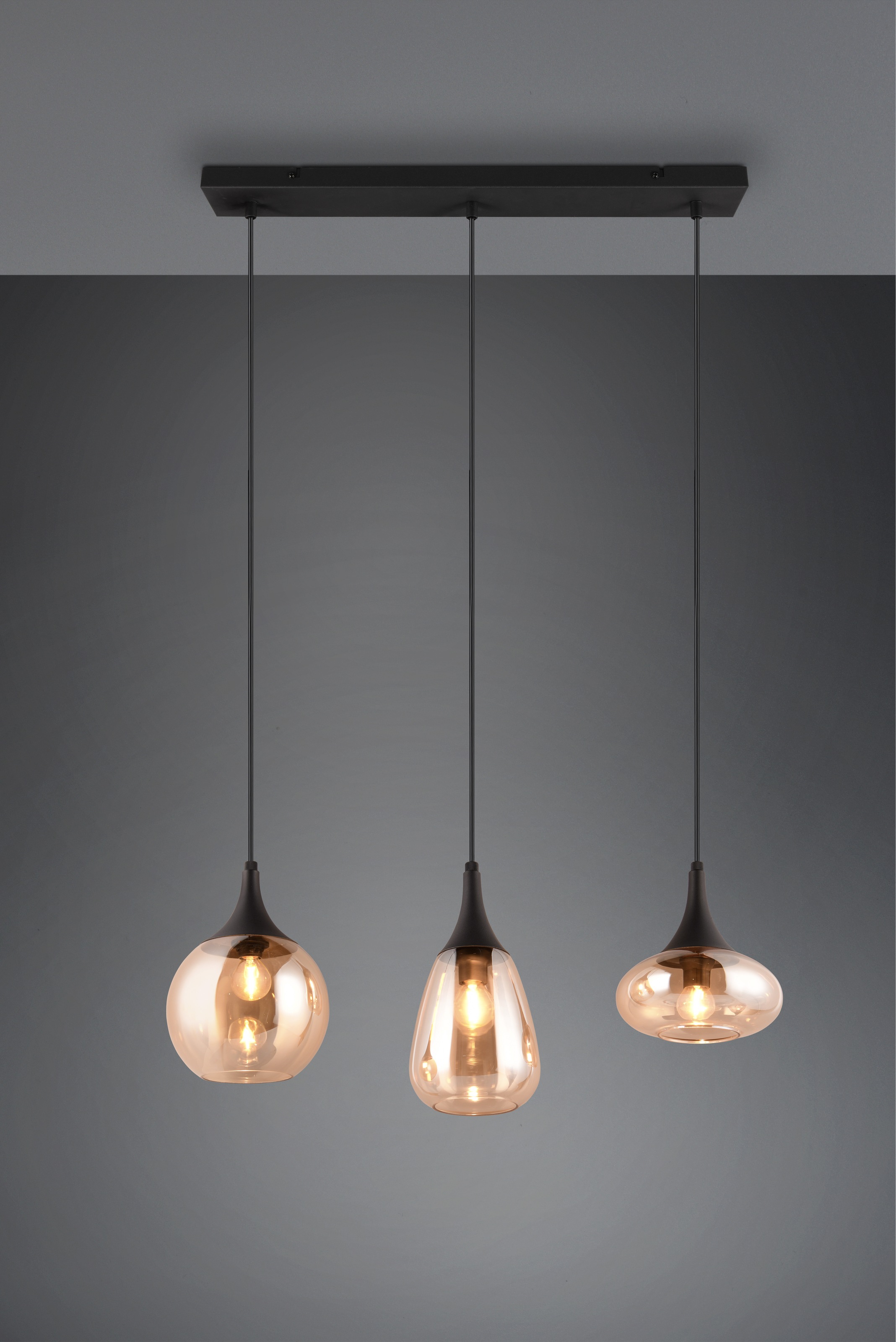 TRIO Leuchten Pendelleuchte »LUMINA, E14 Hängelampe 3-flammig Glasschirme in 3 Formen amberfarbig«, 3 flammig, Leuchtmittel E14 | Leuchtmittel wechselbar, exkl 3x E14 max 40W, Hängeleuchte höhenverstellbar bis max 150 cm