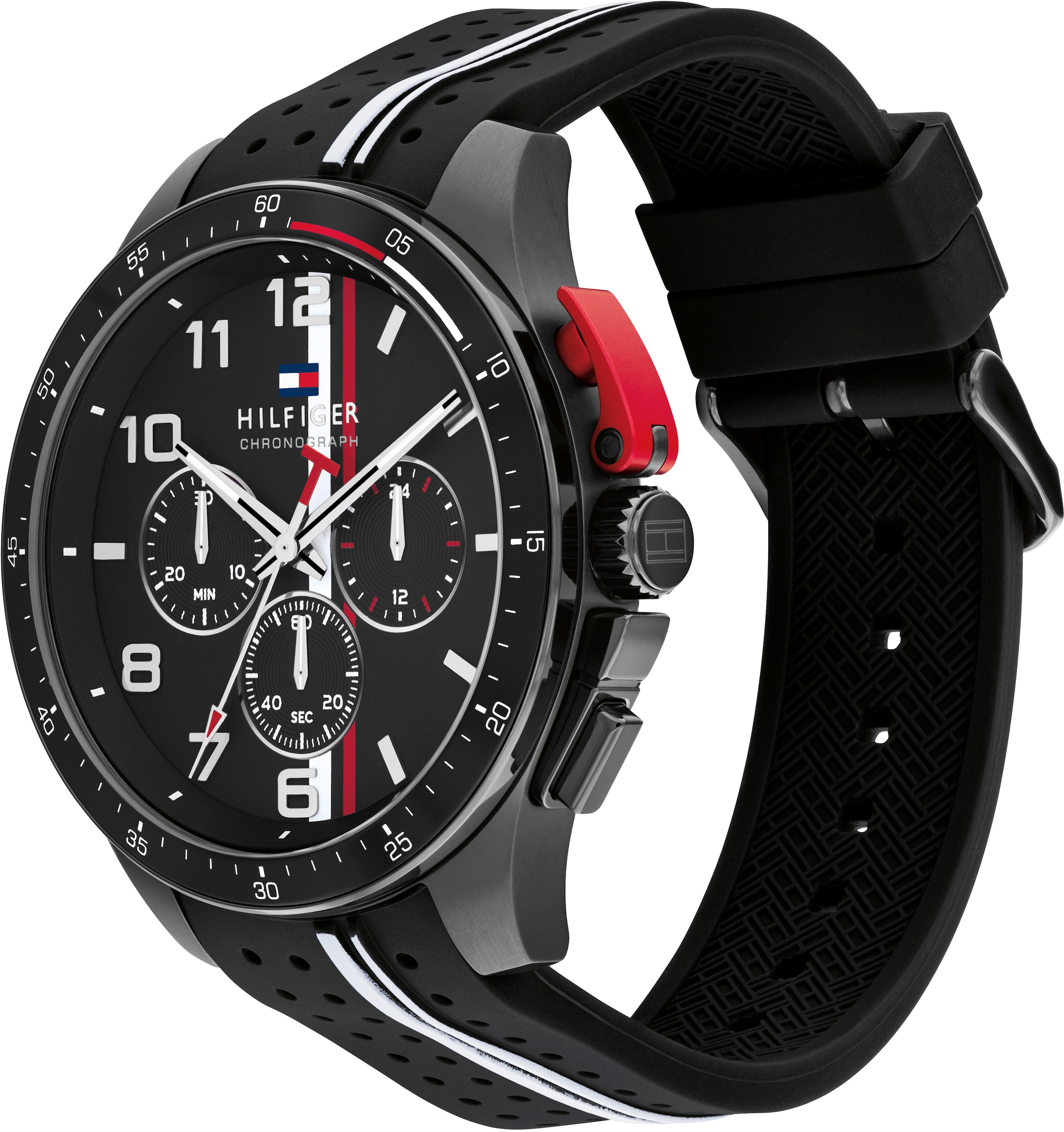 Tommy Hilfiger Chronograph »BANK«, Quarzuhr, Armbanduhr, Herrenuhr, Silikonarmband, analog, Stoppfunktion